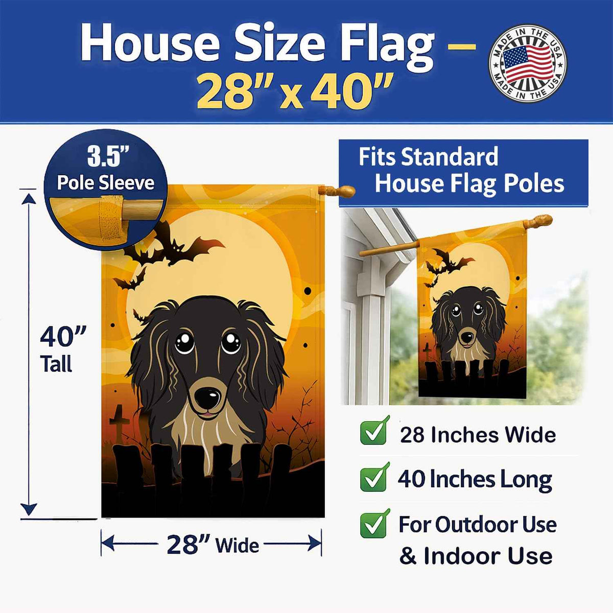 Caroline's Treasures BB1771CHF Halloween Longhair Black and Tan Dachshund Canvas House Size Flag