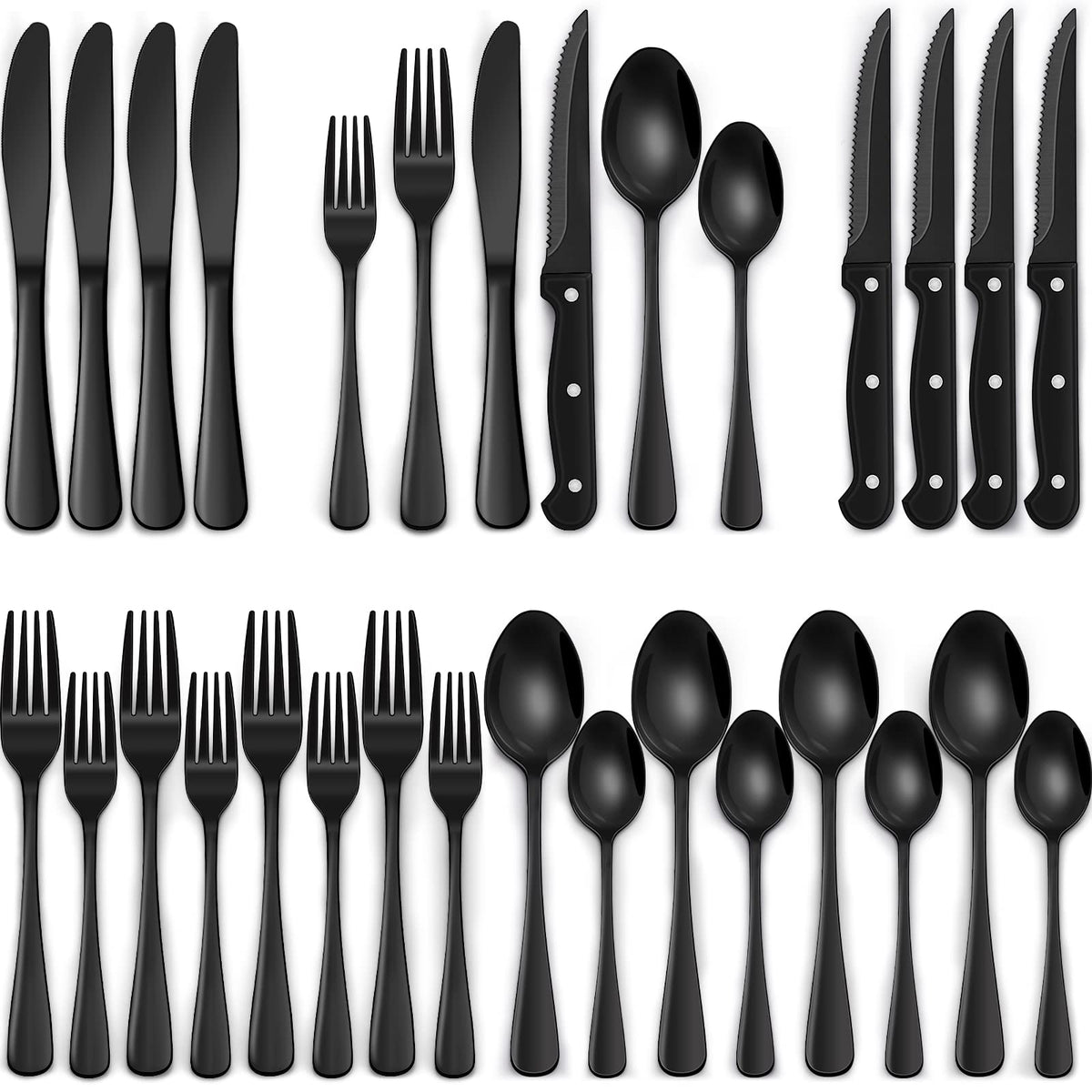 24-Piece Black Silverware Set with Steak Knives, Black Flatware Set for 4, Food-Grade Stainless Steel Tableware Cutlery Set, Mirror Finished Utensil Sets for Home Restaurant 🍁 All In One Marketplace Canada