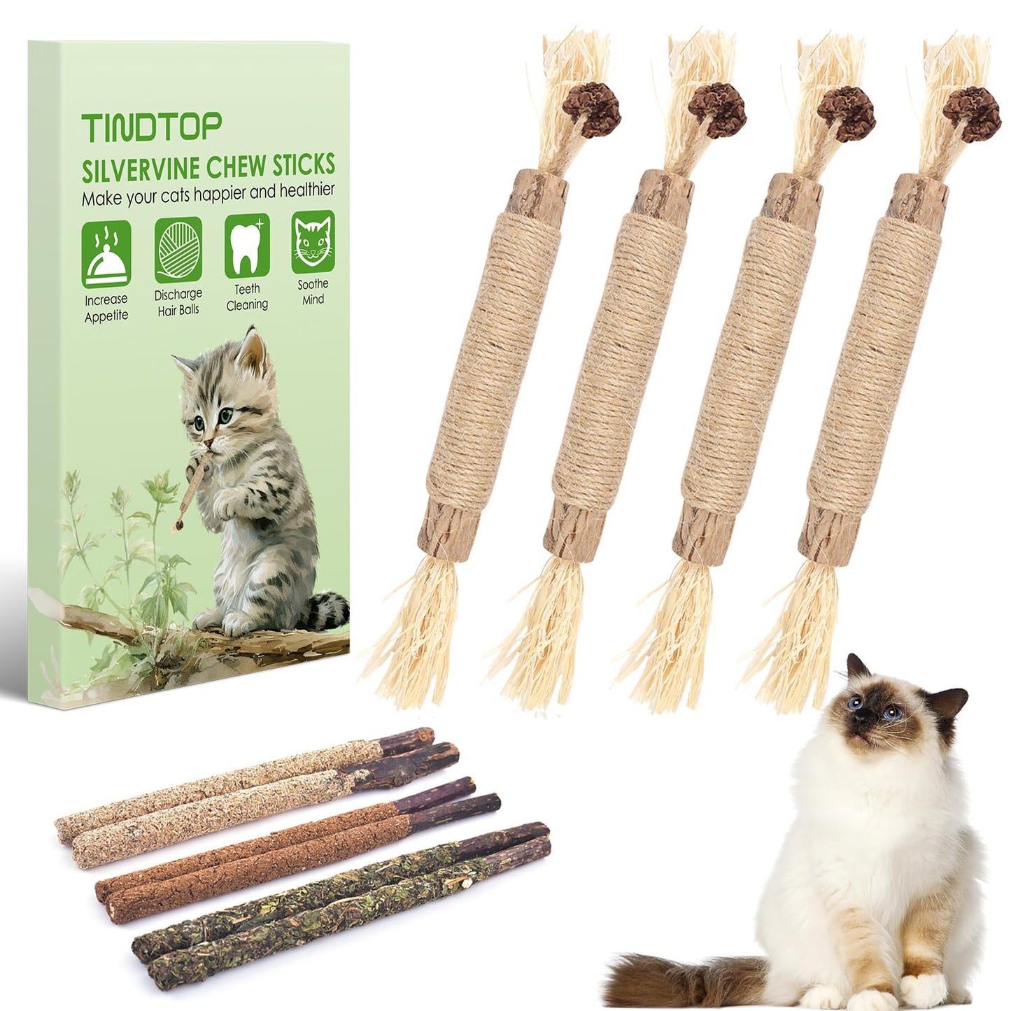 TINDTOP Silvervine Sticks for Cats, 10 Pack Natural Catnip Chew Toys for Kittens Teeth Cleaning, Matatabi Dental Care, Increase Appetite, Calm Cat Anxiety and Stress, Aggressive Chewers Cat Dental Toy 🍁 All In One Marketplace Canada