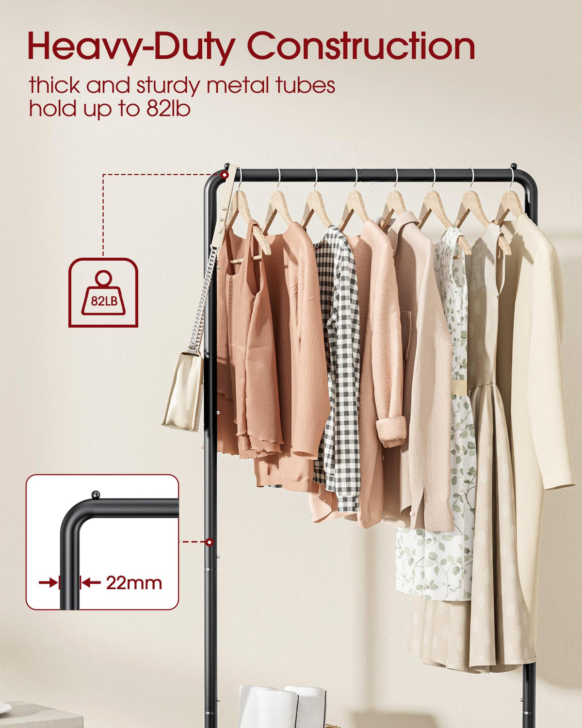 Sakugi Clothing Rack - Movable Multi-Functional Coat Rack with 4 Universal Wheels, Long-Lasting Metal Clothes Rack with Extra Storage Shelf for Bedroom, Office, Laundry(Black, 73W x 43.5D x 150H cm) 🍁 All In One Marketplace Canada