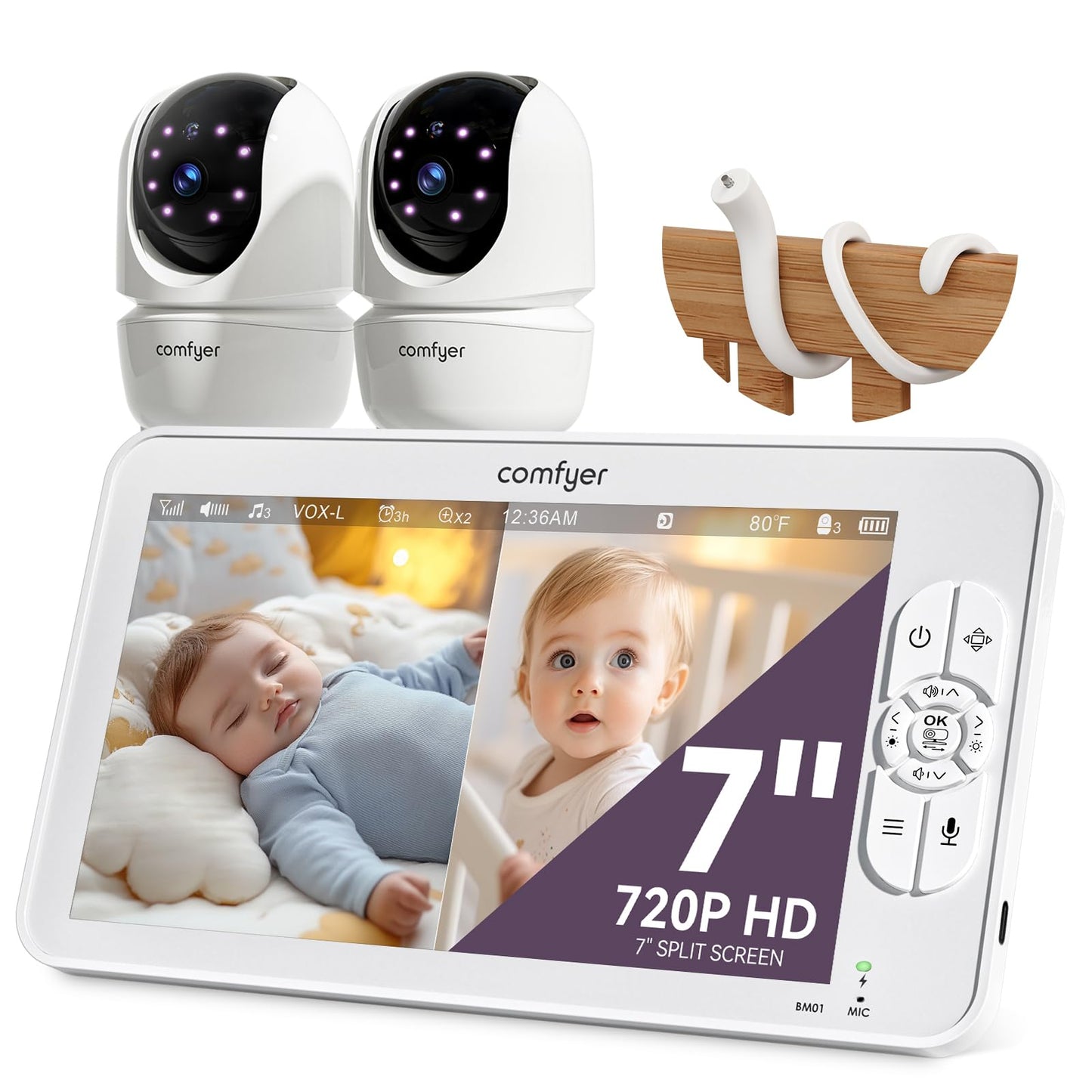 Comfyer BM01 7" HD Split-Screen Baby Monitor with 2 Cameras, Video Baby Monitor with Camera and Audio, Flexible Bracket, Non-WiFi, VOX Mode, 2 Way Audio, Remote PTZ, Auto Night Vision 🍁 All In One Marketplace Canada