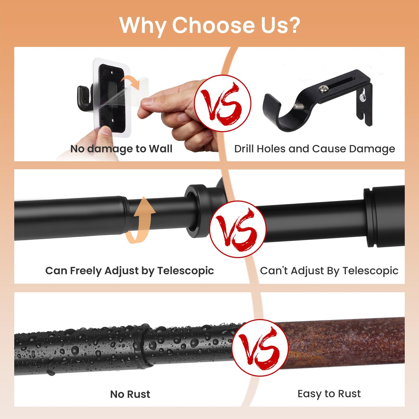 upsimples No Drill Curtain Rods for Window 28 to 48 Inches, 5/8 Inch Diameter Renter Friendly Drapery Rod with Adhesive Brackets without Drilling, Adjustable from 27 to 52 Inches, Black 🍁 All In One Marketplace Canada
