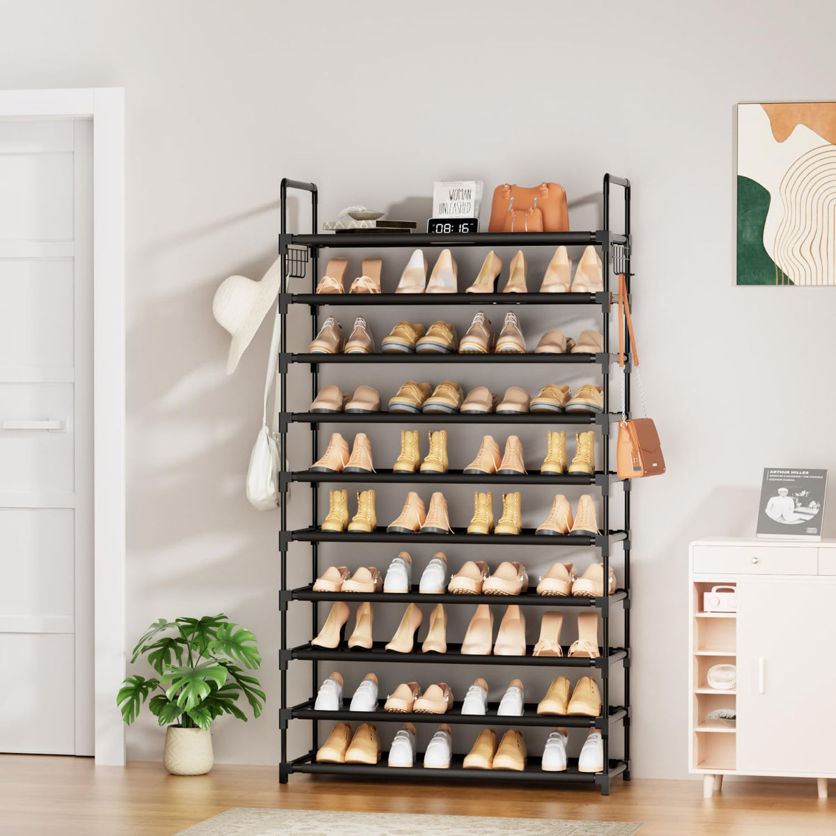 10 Tier Shoe Rack, Large Capacity Tall Shoe Storage Organizer Holds 50-55 Pairs Shoes and Boots, Vertical Shoe Shelf Cabinet with Versatile Hooks for Closet Entryway Garage Bedroom 🍁 All In One Marketplace Canada
