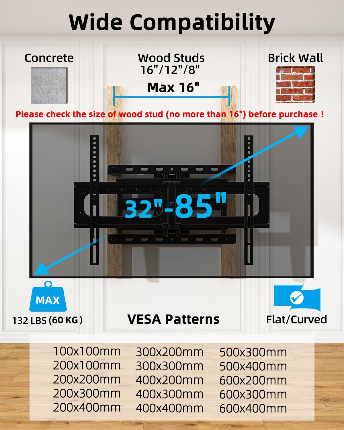 HOME VISION Full Motion TV Wall Mount for Most 32-85 inch TVs up to132 lbs, TV Mount Swivel and Tilt with Dual Articulating Arms, Wall Mount TV Bracket Max VESA 600x400mm, Fits 8" 12" 16" Wood Studs 🍁 All In One Marketplace Canada