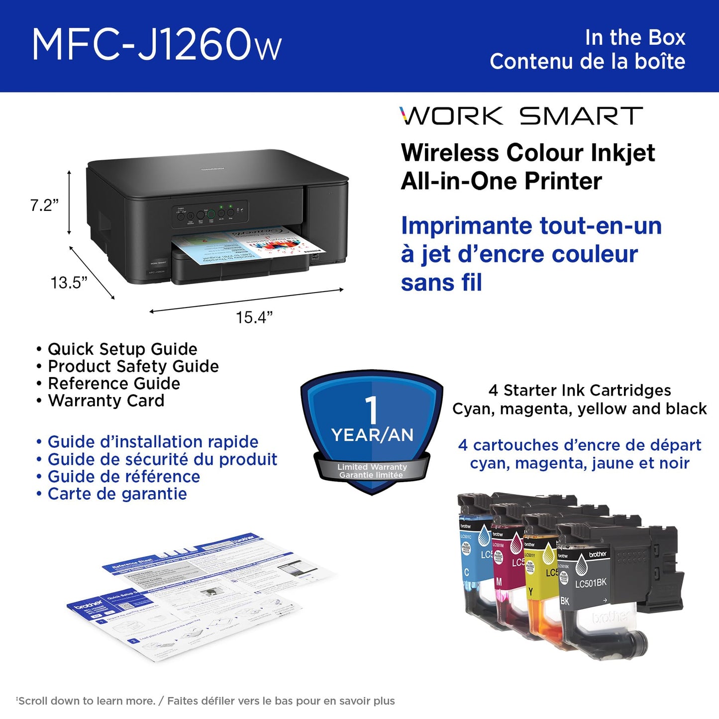 Brother MFC-J1260W Work Smart Wireless Colour Inkjet All-in-One Printer Scanner Copier for Home Office 150-Sheet Tray 16ppm Black 9ppm Colour with LC501 Starter Ink (MFCJ1260W) 🍁 All In One Marketplace Canada