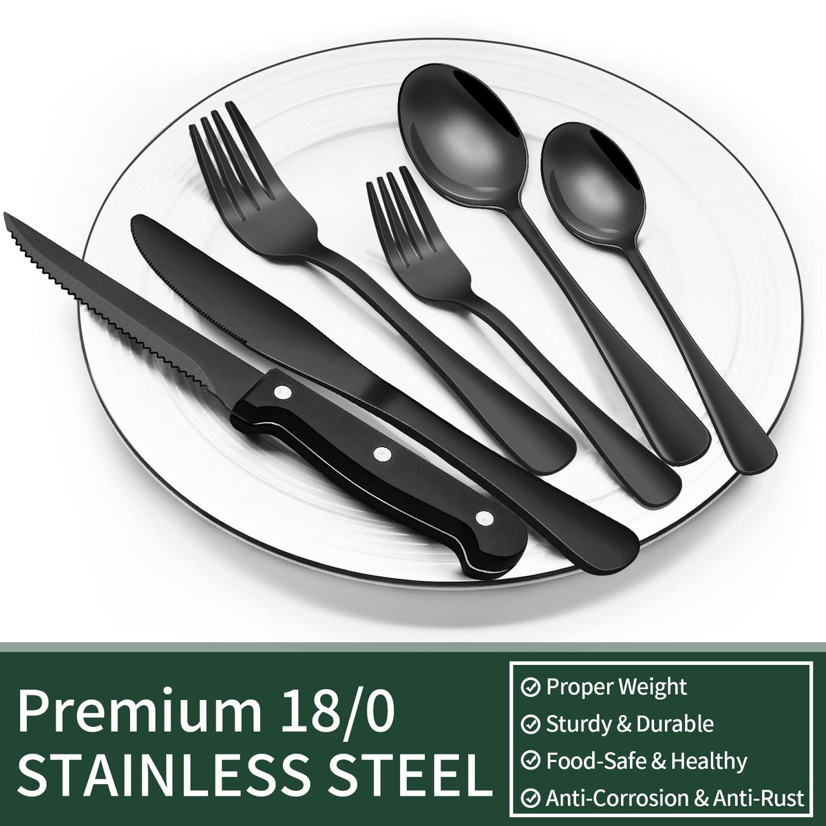 24-Piece Black Silverware Set with Steak Knives, Black Flatware Set for 4, Food-Grade Stainless Steel Tableware Cutlery Set, Mirror Finished Utensil Sets for Home Restaurant 🍁 All In One Marketplace Canada