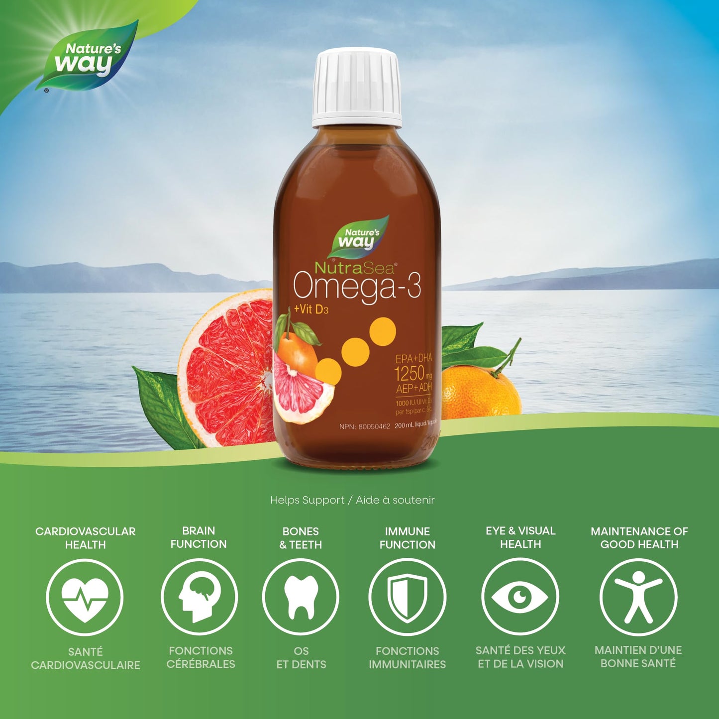 Nature's Way NutraSea Omega 3 + Vitamin D Fish Oil Liquid Supplement – Grapefruit Tangerine Flavour – 1250mg EPA & DHA + 1000IU D3, 200 mL 🍁 All In One Marketplace Canada