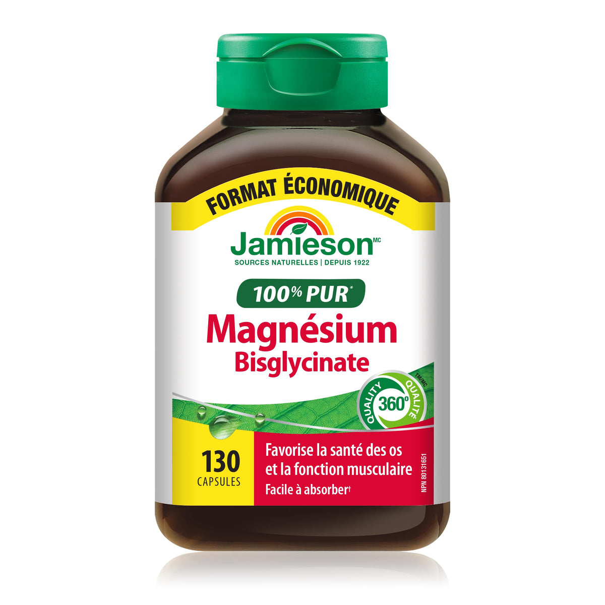 Jamieson 100% Pure Magnesium Bis-glycinate 100 mg Capsules, Not Blended, Magnesium Oxide Free, Supports Bone Development and Muscle Function, Chelated, Source of Electrolytes, Easy to Absorb, Vegetarian, Non-GMO, Gluten-Free, Value Size, 130 Count