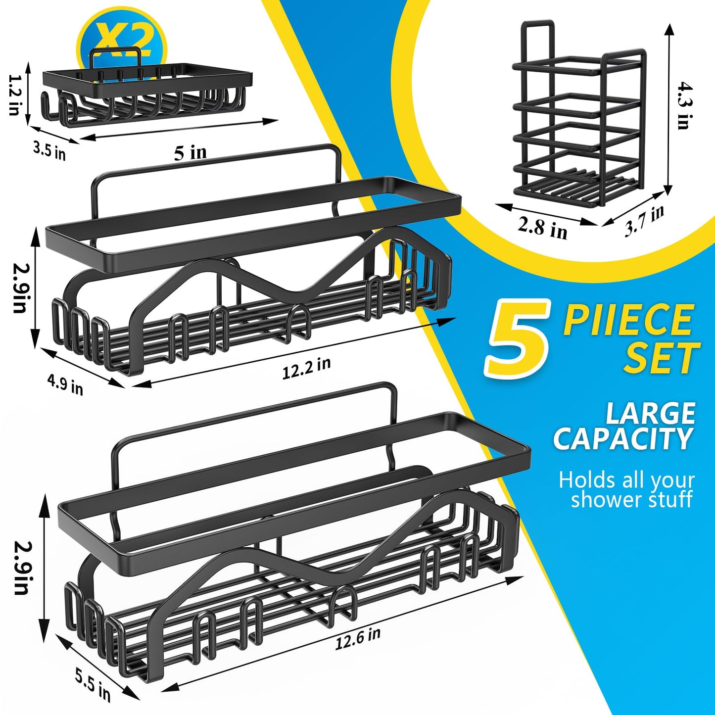 Coraje Adhesive Shower Caddy, 5-Pack Shower Shelves, Large Capacity Load Bearing 40 LBS Shower Organizer, No Drilling Shower Shelf, Rustproof Stainless Steel Bathroom Shower Storage, Black 🍁 All In One Marketplace Canada