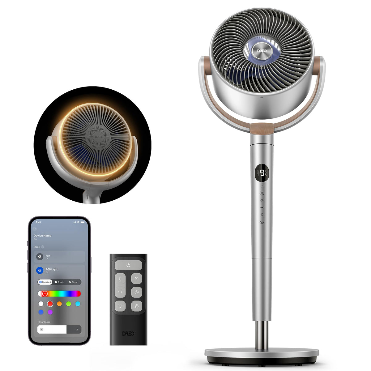 DREO Smart Fans for Bedroom, 120° +120° Omni-Directional Oscillating Fan, 90ft Quiet Pedestal Fan with RGB Light, 9 Speeds, 6 Modes, 20dB, 8H Timer, Wi-Fi/Voice, 37-42" Floor Fans with Remote, Silver 🍁 All In One Marketplace Canada