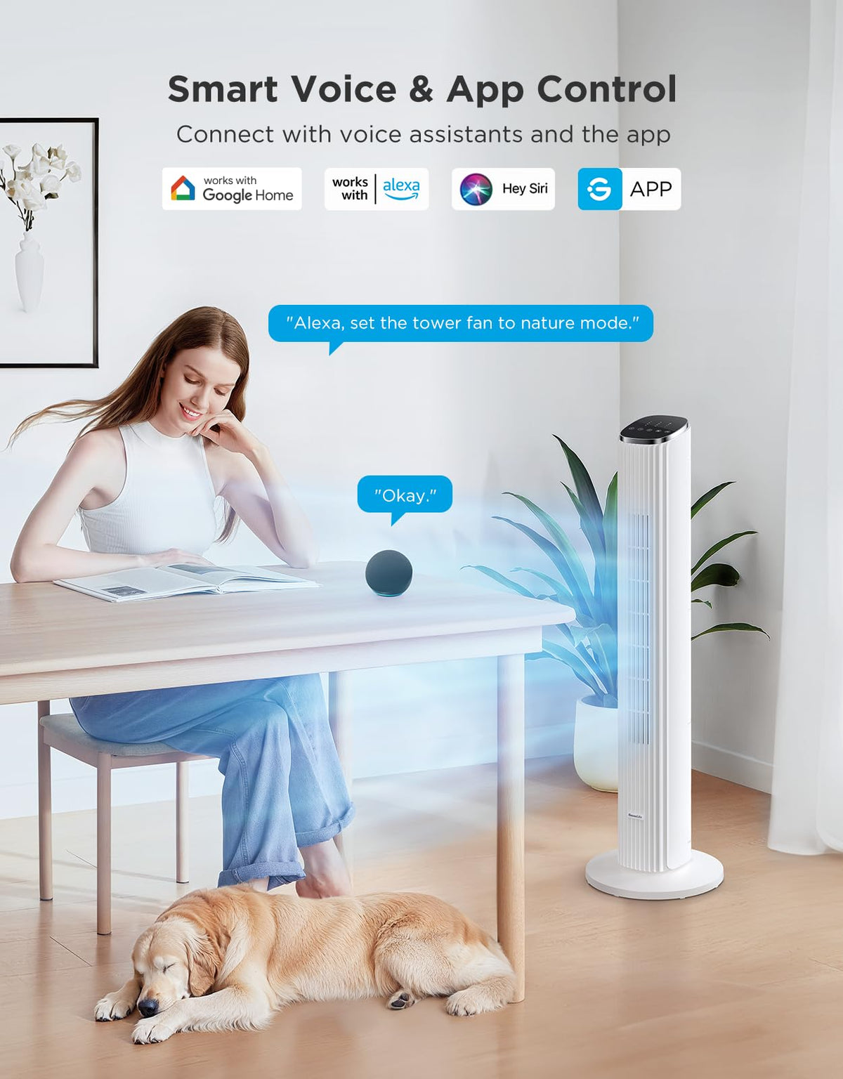 GoveeLife White Tower Fan for Bedroom, 36" Smart Floor Fan with App/Voice Control, Temperature Sensor, 5 Modes 8 Speeds(25ft/s), 29dB Quiet Oscillating Fan for Office, 24H Timer, Auto Cooling 🍁 All In One Marketplace Canada