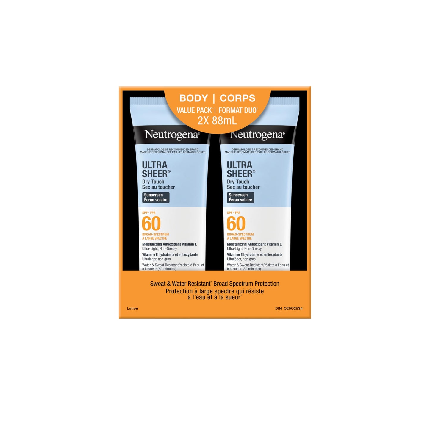 Neutrogena Ultra Sheer Dry-Touch Sunscreen Lotion, Broad Spectrum SPF 60 UVA/UVB Protection, Oxybenzone-Free, Light, Water Resistant, Non-Comedogenic & Non-Greasy, 88 mL (Twin Pack) 🍁 All In One Marketplace Canada