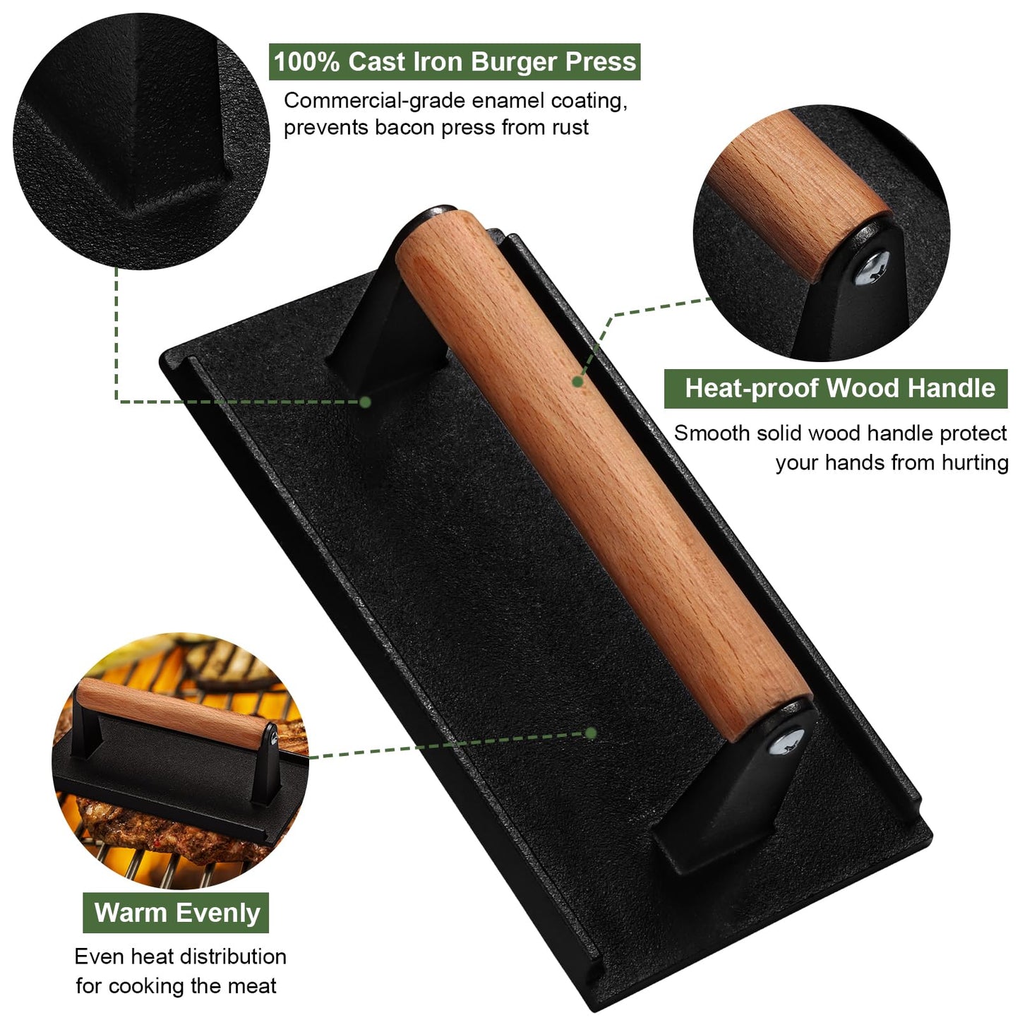 EWFEN Burger Press, 7" Round & 8.2"X4.3" Rectangle Heavy-Duty Cast Iron Smash Bacon Press Meat Steak with Wood Handle for Griddle, Sandwich, Nonstick Pan 🍁 All In One Marketplace Canada