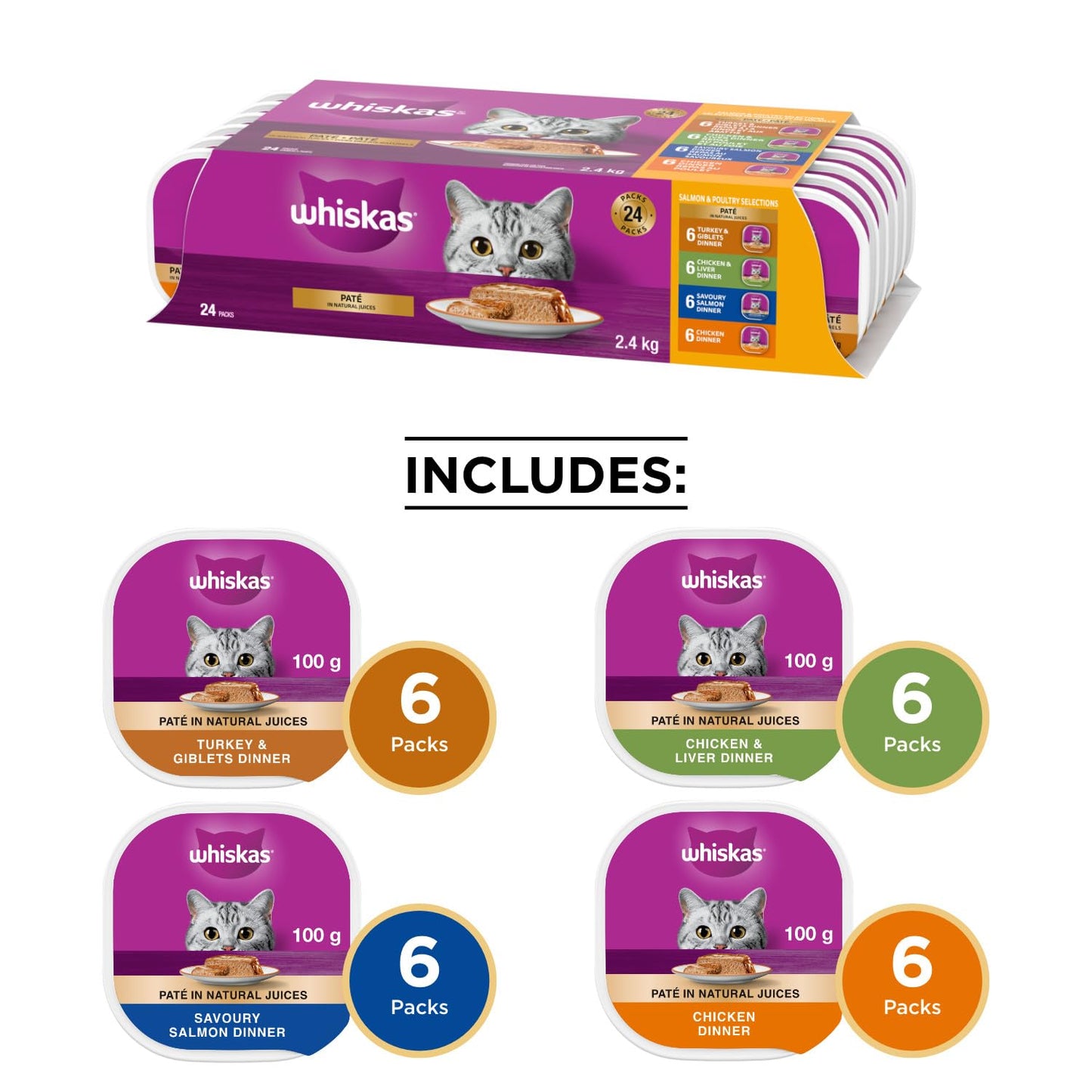 WHISKAS Salmon and Poultry Selections, Turkey, Chicken, and Savoury Salmon Dinner, Adult Wet Cat Food Paté in Natural Juices, 100g (24 Pack) 🍁 All In One Marketplace Canada