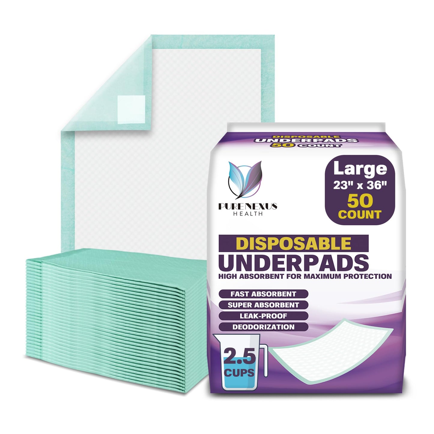 PureNexus Health Disposable Underpads 23" x 36", 50 Count – Absorbent Incontinence Bed Pads, Waterproof Pee Pads, Chux, Soaker Pads for Adults, Elderly & Kids, Mattress Protector 🍁 All In One Marketplace Canada