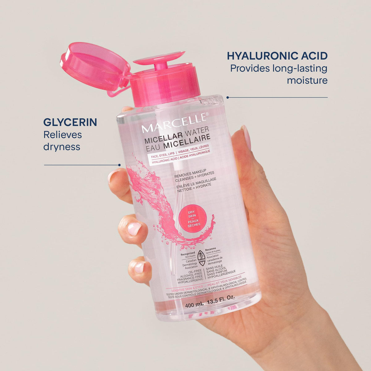 Marcelle Micellar Water, Dry + Sensitive Skin, with Hyaluronic Acid, Cleanses, Removes Makeup and Tones, Hypoallergenic, Oil-Free, Alcohol-Free, Fragrance-Free, Cruelty-Free, 400 mL 🍁 All In One Marketplace Canada
