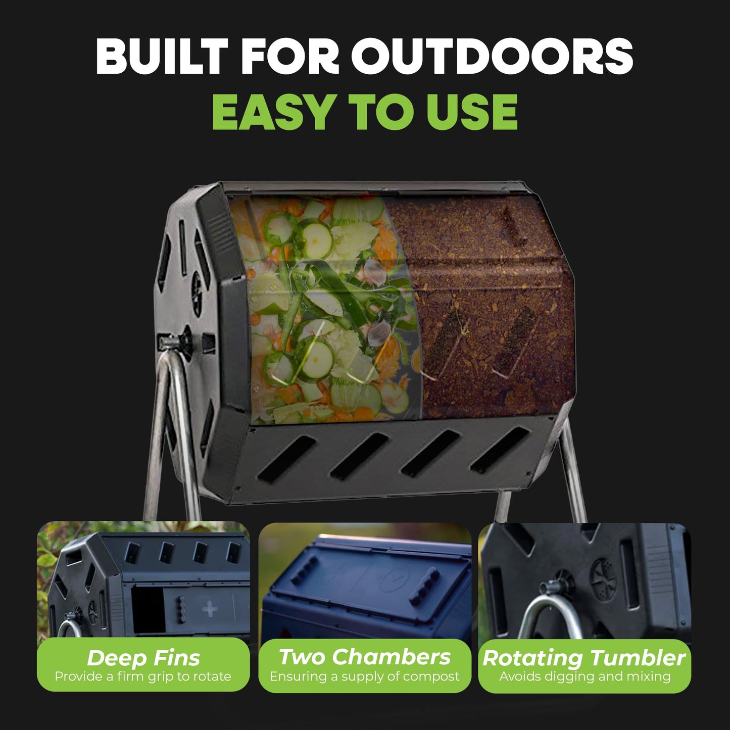 FCMP Outdoor IM4000 Dual Chamber Tumbling Composter Canadian-Made, 100% Recycled Resin - Outdoor Rotating Compost Tumbler Bin for Garden, Kitchen, and Yard Waste, Black (37 Gallon) 🍁 All In One Marketplace Canada