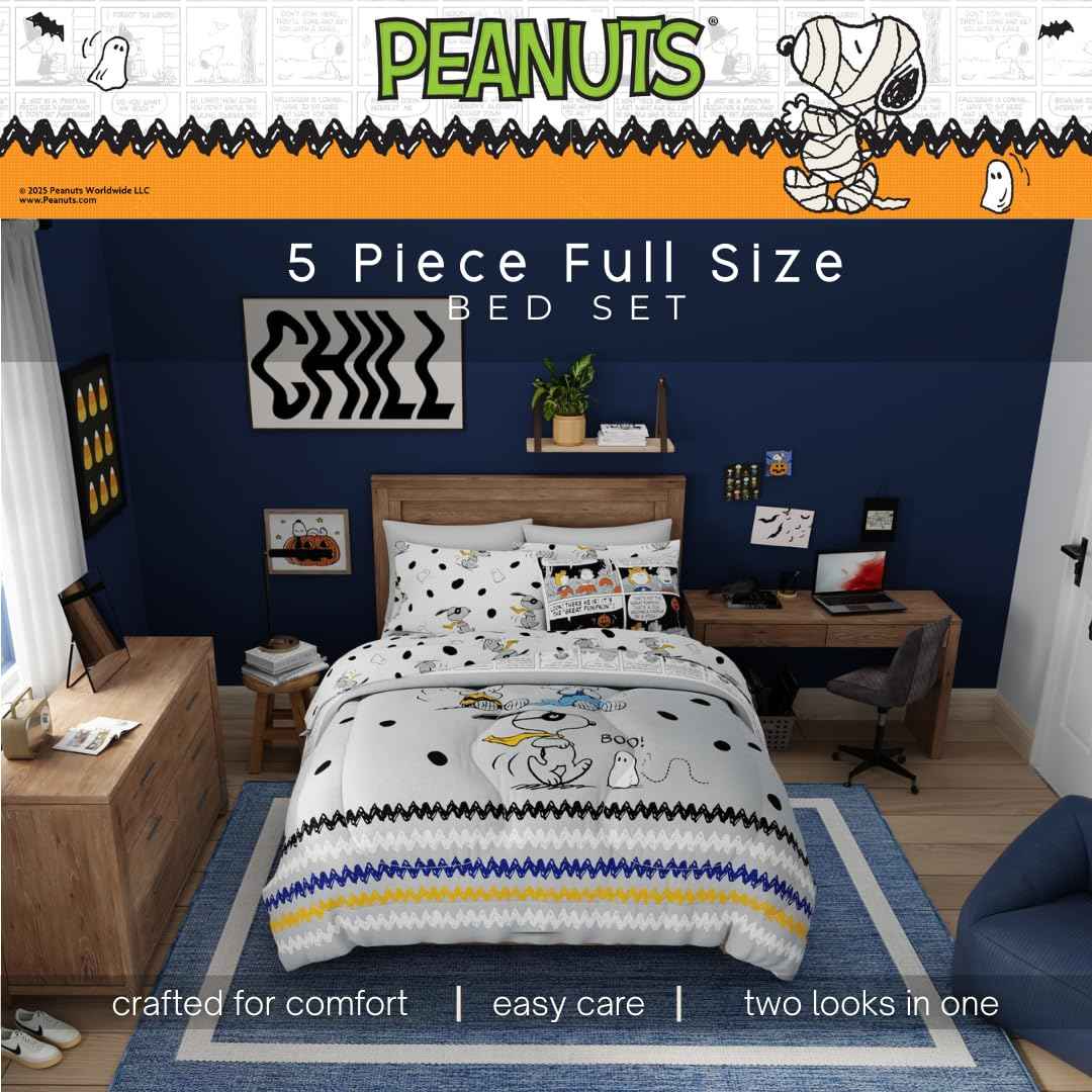 Peanuts Halloween Full Bed Set – Super Soft & Cozy 5 Piece Reversible Comforter and Sheet Set Featuring Snoopy & Charlie Brown, (Official Peanuts Product) by Franco