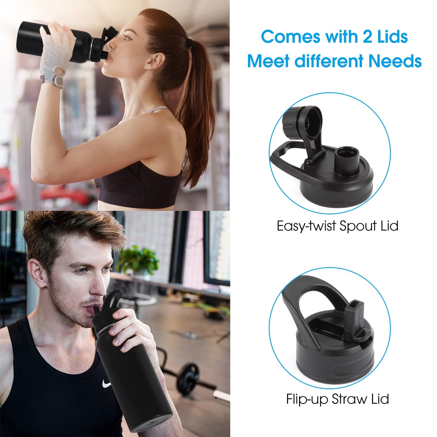 Insulated Water Bottle, 32oz Vacuum Stainless Steel Metal Sports Water Bottles with Stickers, Straw & Spout Lid (2 Lids), Double Walled to Keeps Hot and Cold, Leak Proof, BPA-Free, 32oz (Black) 🍁 All In One Marketplace Canada