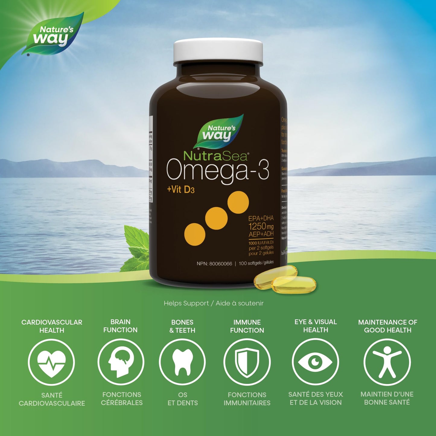 Nature's Way NutraSea Omega-3 and Vitamin D Soft Gels - Fish Oil Supplement with EPA and DHA – Helps Support the Maintenance of Good Health – Mint Flavour, 100 Softgels 🍁 All In One Marketplace Canada