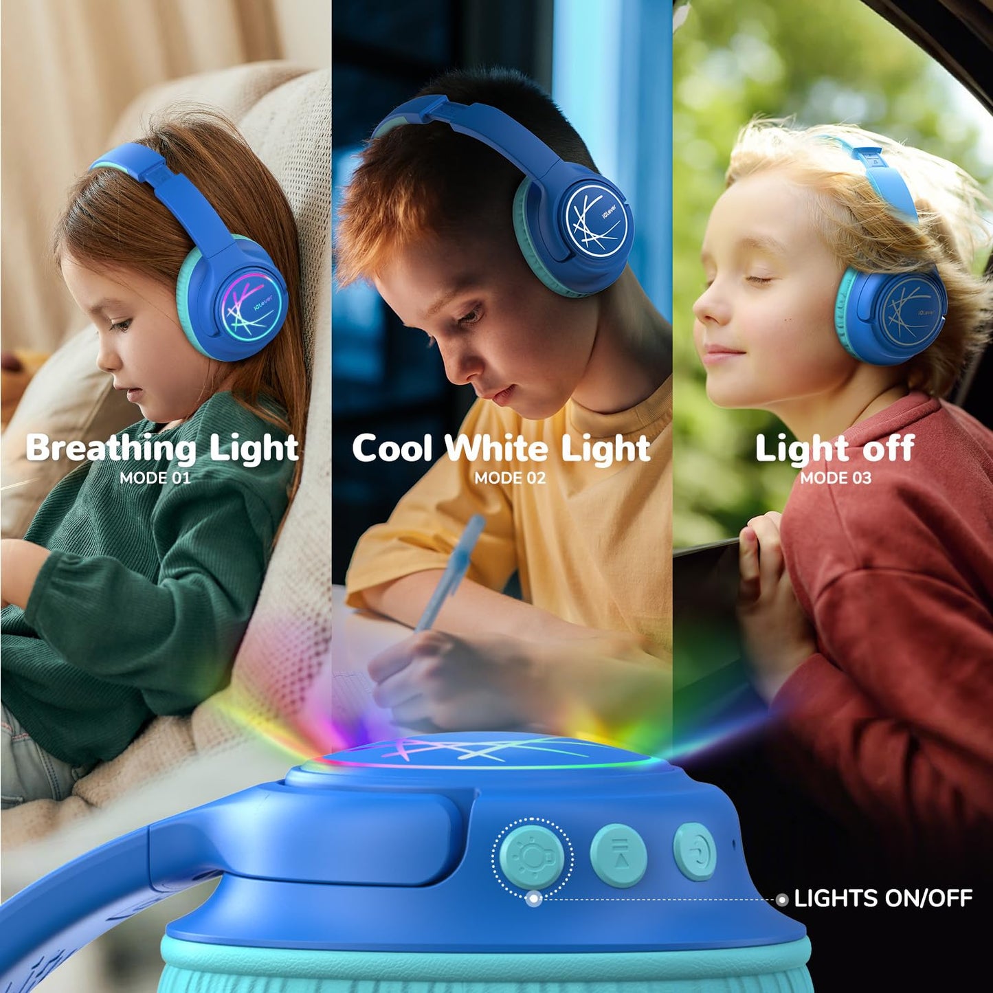 Kids Headphones Wireless with LED Lights, iClever BTH18 Safe Volume 74/85dBA, 43H Playtime, Stereo Sound, USB-C, AUX Cable, Bluetooth5.3 Over Ear Kids Toddler Headphones for Tablet/Travel, Blue 🍁 All In One Marketplace Canada