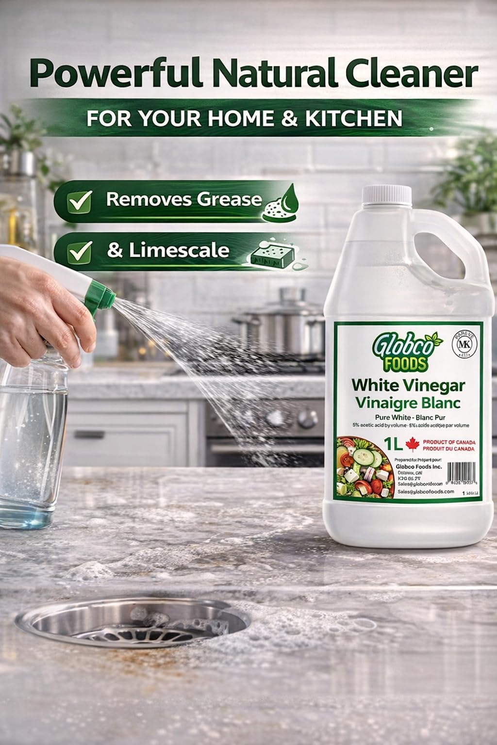 Globco Foods Pure White Vinegar 1L - Allergen-Free & Gluten-Free - No Additives - Ideal for Cooking & Cleaning - Multi-Purpose Cleaner for Kitchen, Bathroom & Laundry - Premium Quality- Made in Canada 🍁 All In One Marketplace Canada