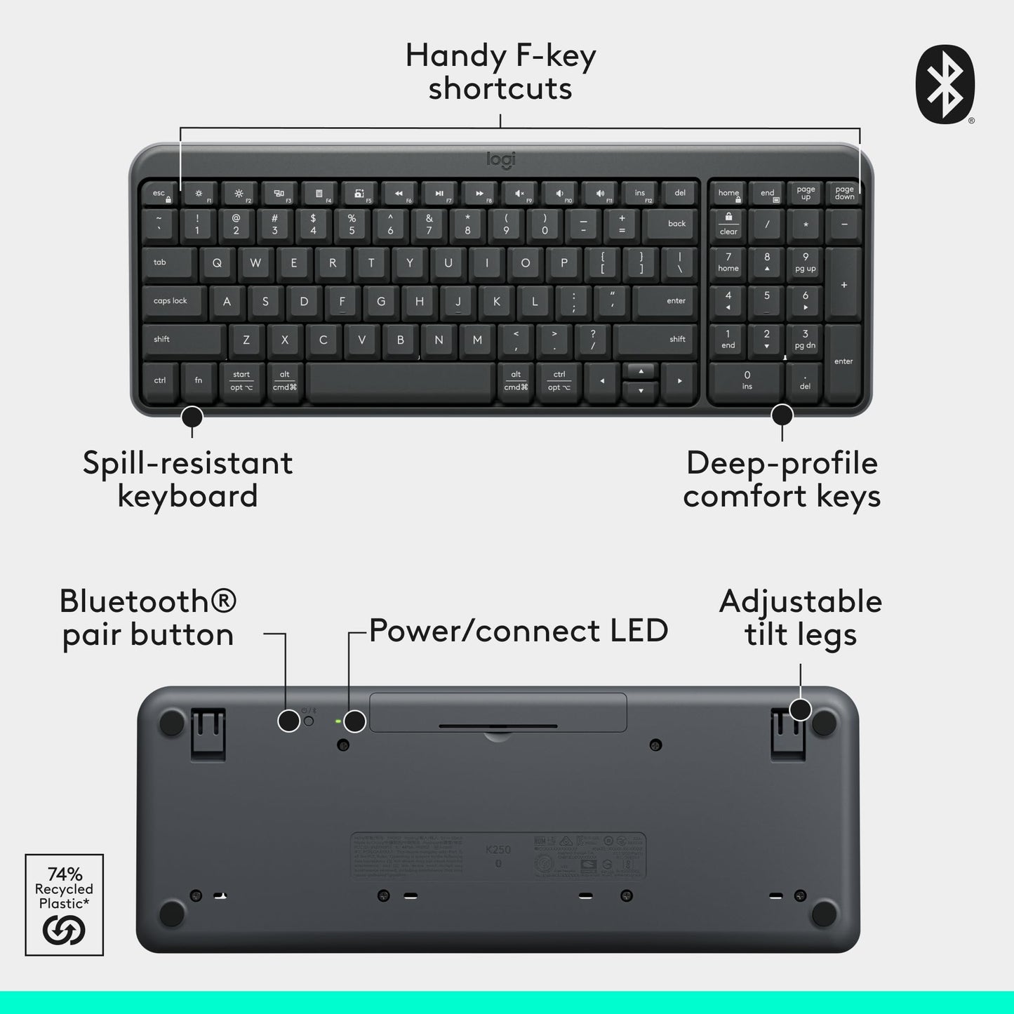 Logitech K250 Bluetooth Keyboard with Numpad, Easy Connectivity, Compact Wireless Keyboard Made with Recycled Plastic, Spill-Resistant, Comfortable Keys - Windows/MacOS - Graphite 🍁 All In One Marketplace Canada