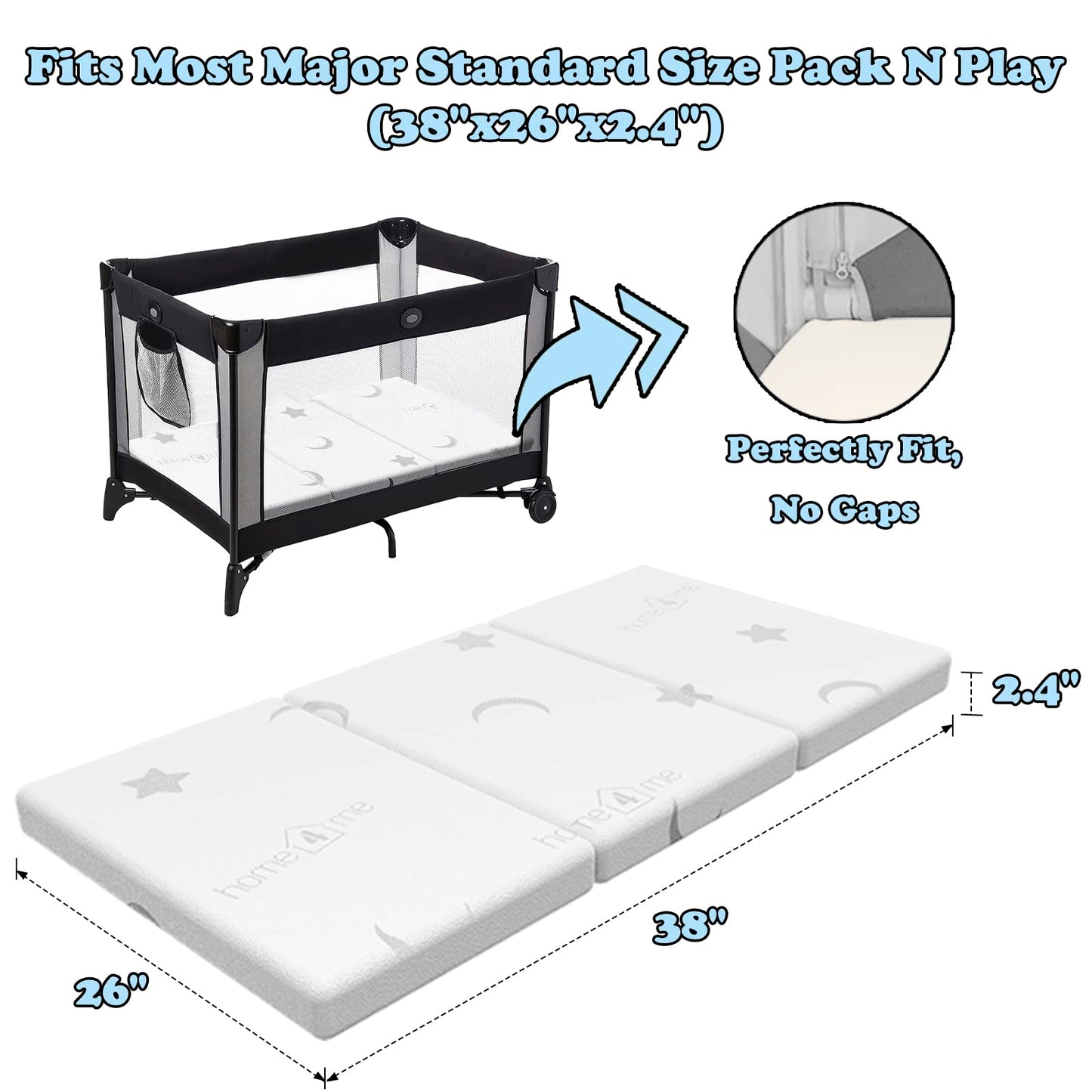 Home4me Pack and Play Mattress, 38" x 26" x 2.4", Portable, Trifold, Waterproof, Dual Sided (Firm & Soft) Mini Crib Mattress, Baby Toddler Memory Foam Mattress Pad for Play Pen 🍁 All In One Marketplace Canada