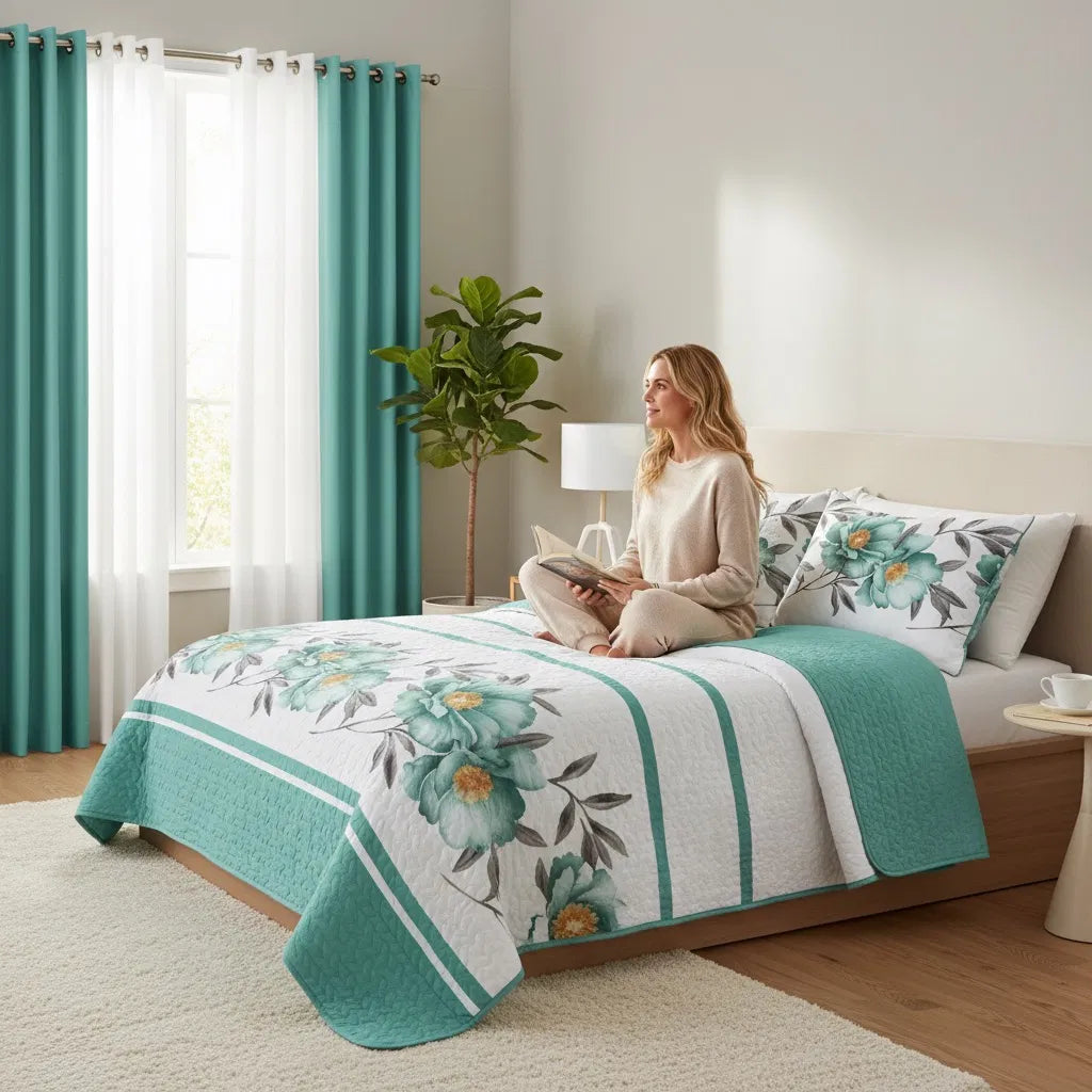 9-Piece Queen Quilted Bedspread & Curtain Set – Bedding Ensemble with Sheer Grommet Drapes (United States & Canada Delivery Only)