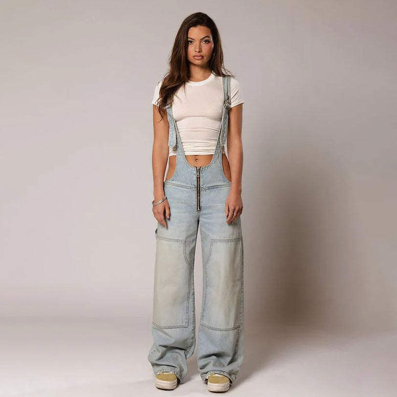 Women's Loose Fit Denim Jumpsuit – Y2K Wide Leg Suspender Overalls