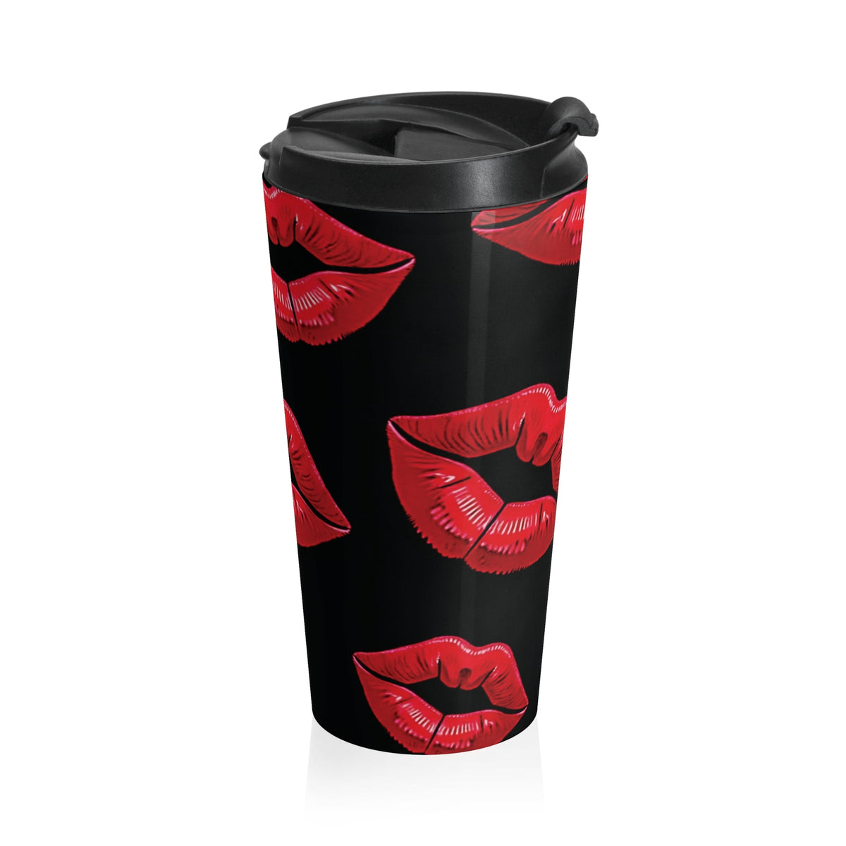 Red Lipstick Kiss Pattern Travel Mug | Black Stainless Steel