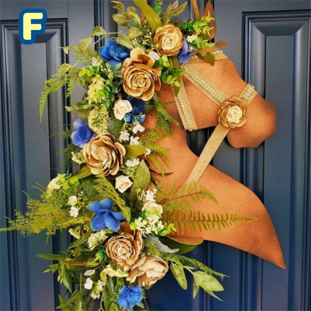 Horse Head Christmas Wreath, Artificial Door Hanging Decor with Balls & Pine Cones
