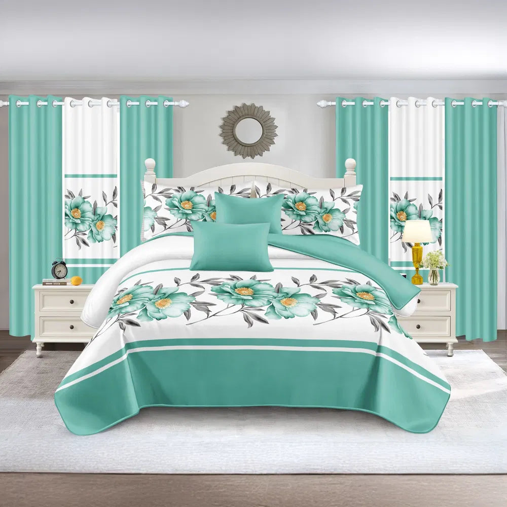 9-Piece Queen Quilted Bedspread & Curtain Set – Bedding Ensemble with Sheer Grommet Drapes (United States & Canada Delivery Only)