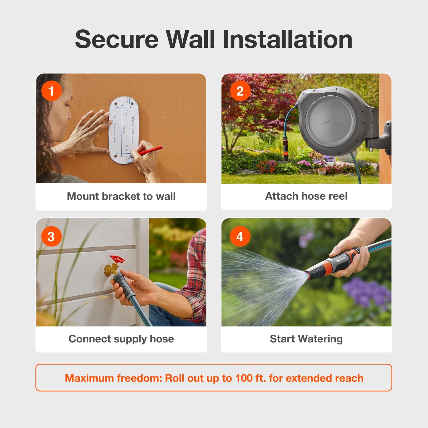 GARDENA 20505-80, 100 Foot Wall Mounted Retractable Reel with Hose Guide, Automatic retraction for Easy Watering,1/2" Hose. 🍁 All In One Marketplace Canada