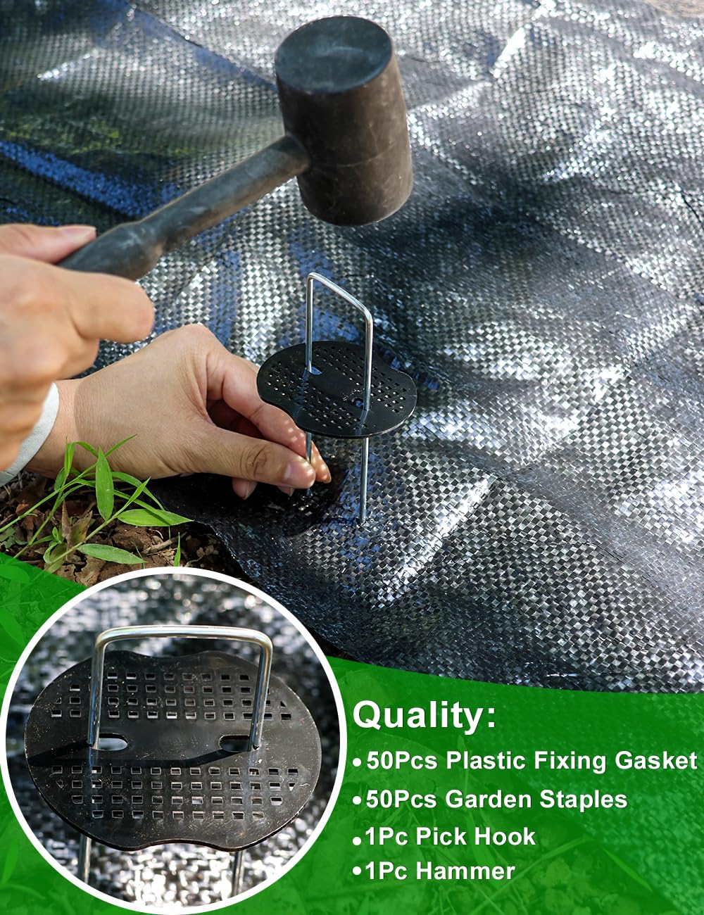 Wohohoho 102Pcs 6 Inches Landscape Staples with Gasket Kit. 50Pcs U-Shaped Garden Stakes and Plastic Fixing Gasket, with Pick Hook and Black Hammer. Pins for Tent Turf Weed Barrier Fabric Hose Fence 🍁 All In One Marketplace Canada
