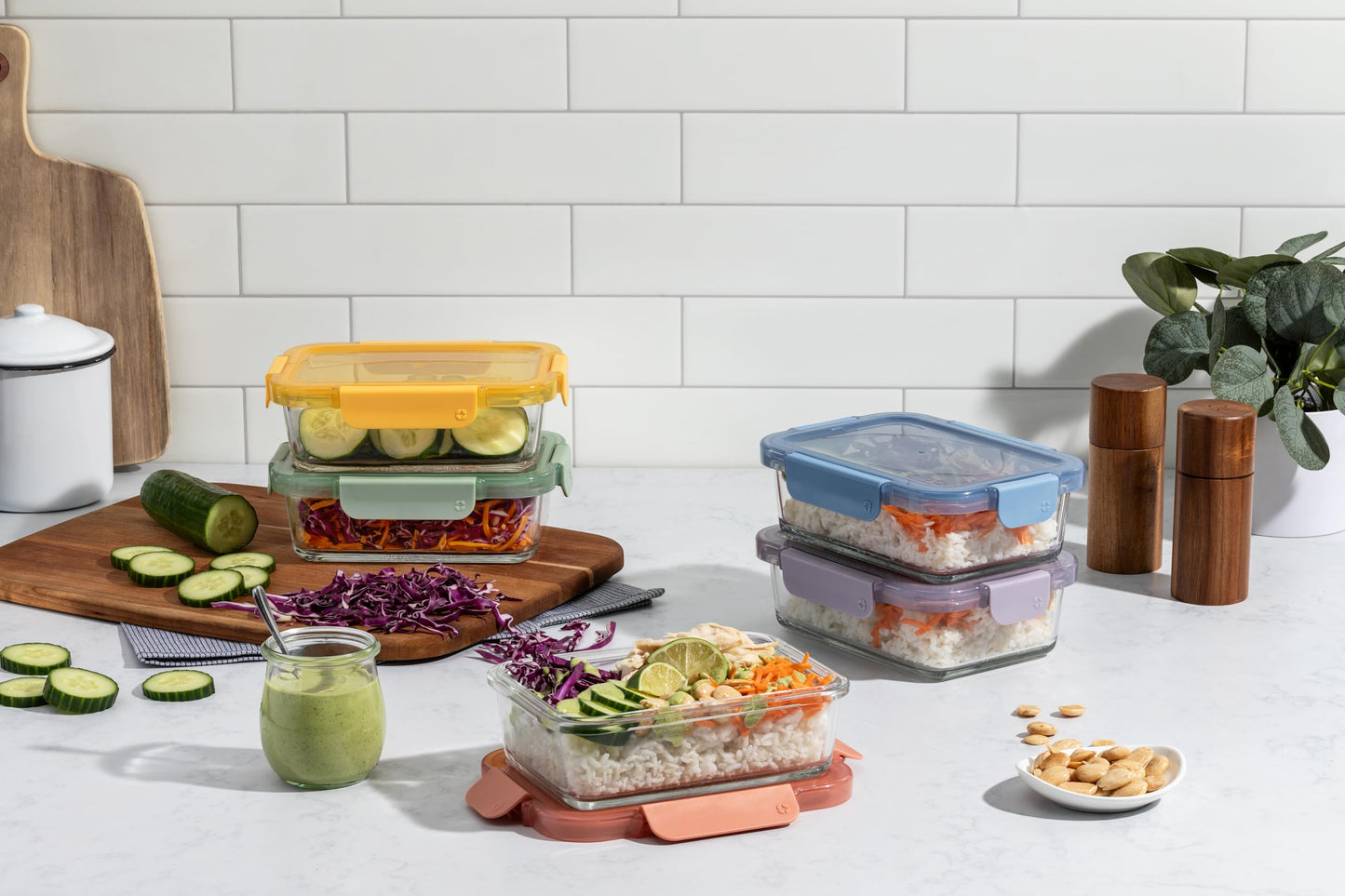 Ello Color Lock 3.4 Cup 10PC, 5 Pack Glass Meal Prep Sets Leak-Proof Glass Food Storage Containers with Airtight BPA-Free Plastic Lids, Dishwasher, Microwave, and Freezer Safe, Desert Festival 🍁 All In One Marketplace Canada