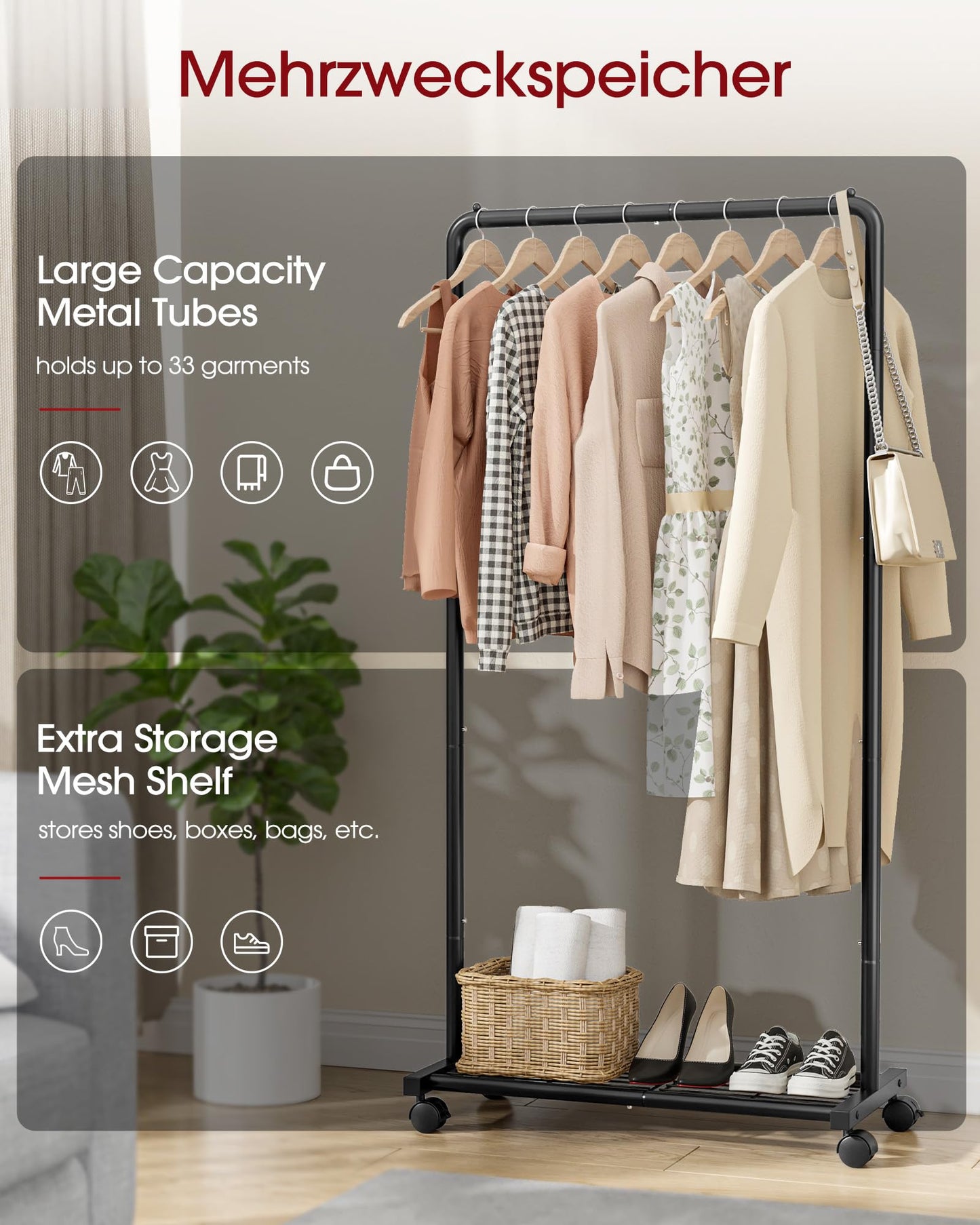 Sakugi Clothing Rack - Movable Multi-Functional Coat Rack with 4 Universal Wheels, Long-Lasting Metal Clothes Rack with Extra Storage Shelf for Bedroom, Office, Laundry(Black, 73W x 43.5D x 150H cm) 🍁 All In One Marketplace Canada