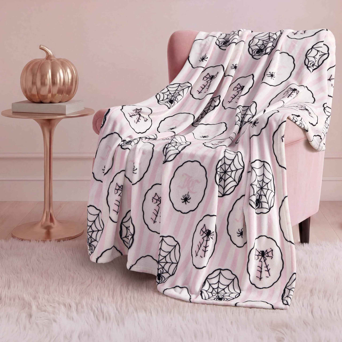 Juicy Couture Spider Stripe Halloween Plush Throw Blanket, Soft Polyester Decorative Throw for Sofa or Bed, Light Pink, 50"x60"
