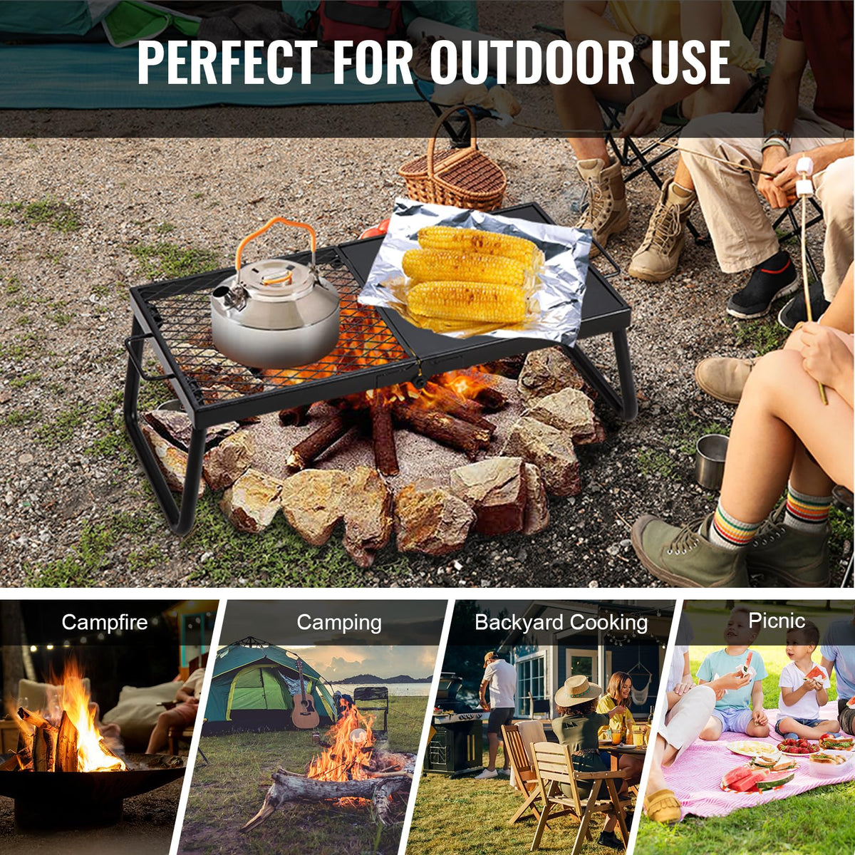 VEVOR Folding Campfire Grill, Heavy Duty Steel Mesh Grate, 22.4" Portable Camping Grates Over Fire Pit, Camp Fire Cooking Equipment with Legs Carrying Bag, Grilling Rack for Outdoor Open Flame Cooking 🍁 All In One Marketplace Canada