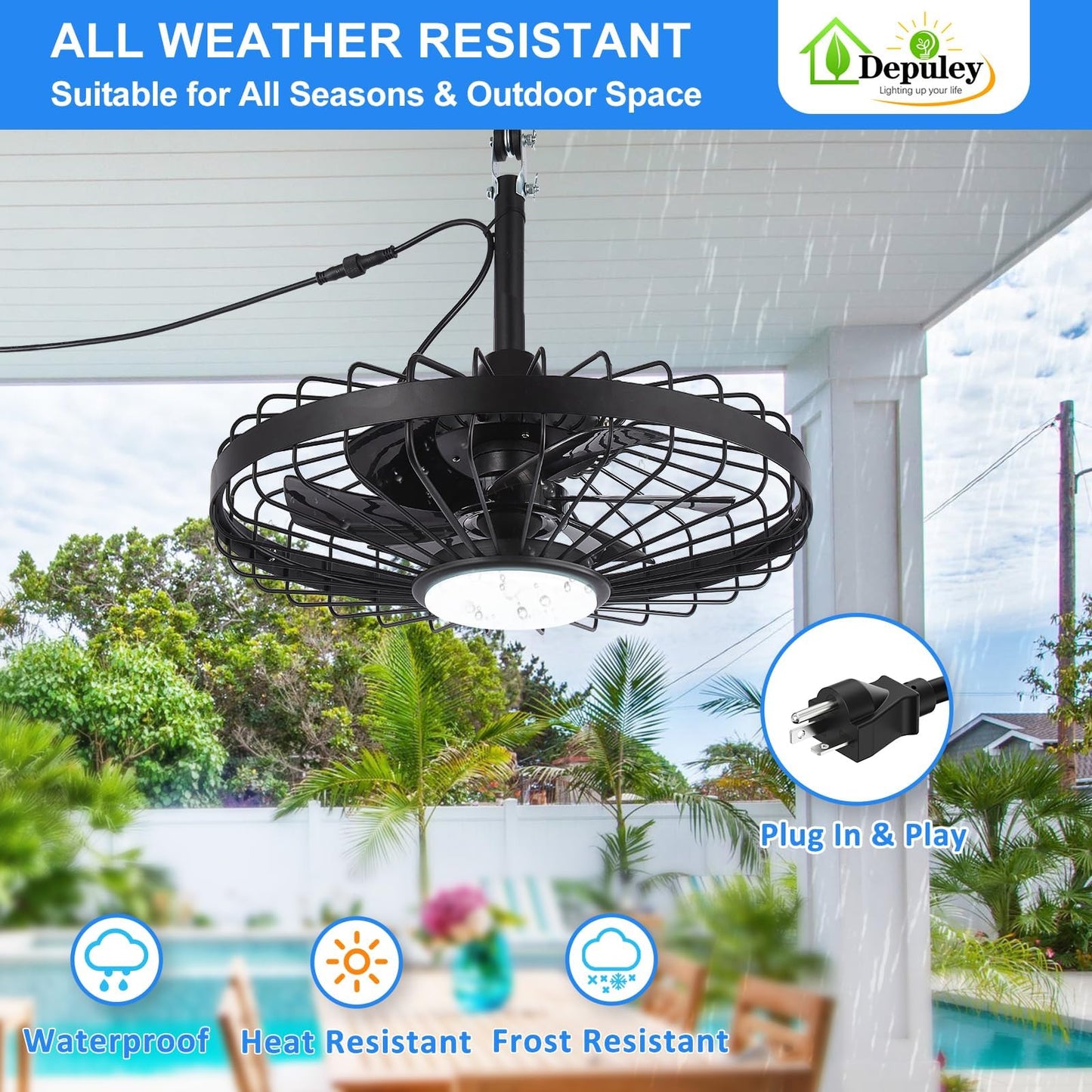 Depuley Outdoor Ceiling Fan with Light: 20 Inch Waterproof Gazebo Fans with Lights Outdoor Hanging - Plug in Remote App Control Caged Fans for Patios Pergola Porch Canopy - 6 Speed Black 🍁 All In One Marketplace Canada