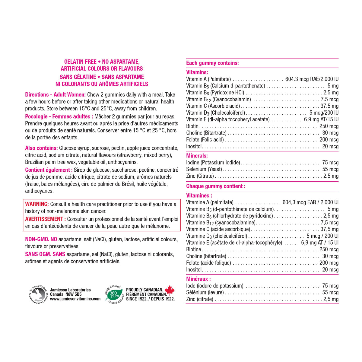 Jamieson Multivitamin Gummies for Women, 130 Gummies Mixed Berry Flavour. Supports Bone Health, Immunity, Energy, Hair, Skin Nails. With Biotin and Vitamin B12, Vegetarian, Non-GMO 🍁 All In One Marketplace Canada