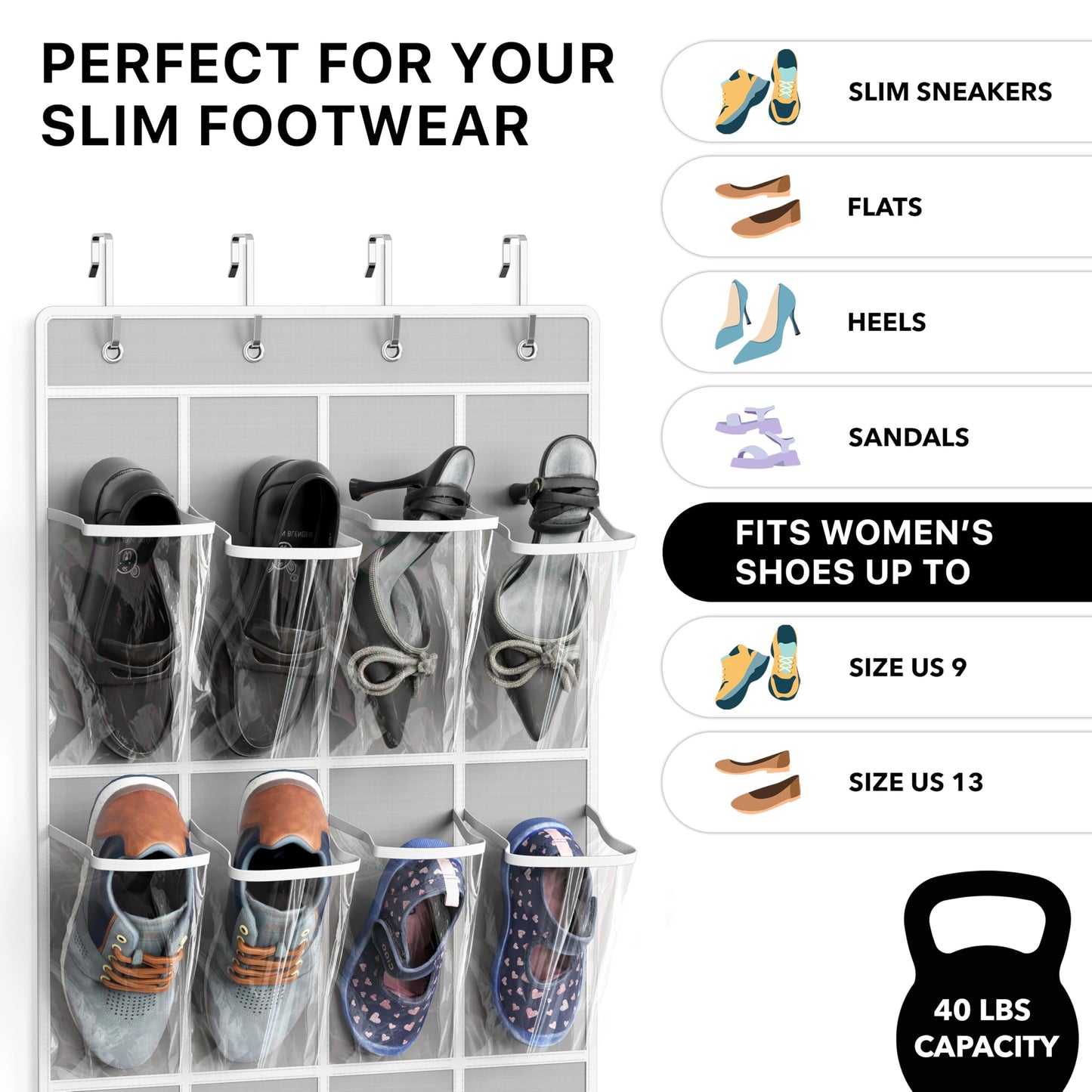 SimpleHouseware Crystal Clear Over The Door Hanging Shoe Organizer, 24 Pockets, Grey (162.6 cm H x 48.6 cm W) 🍁 All In One Marketplace Canada