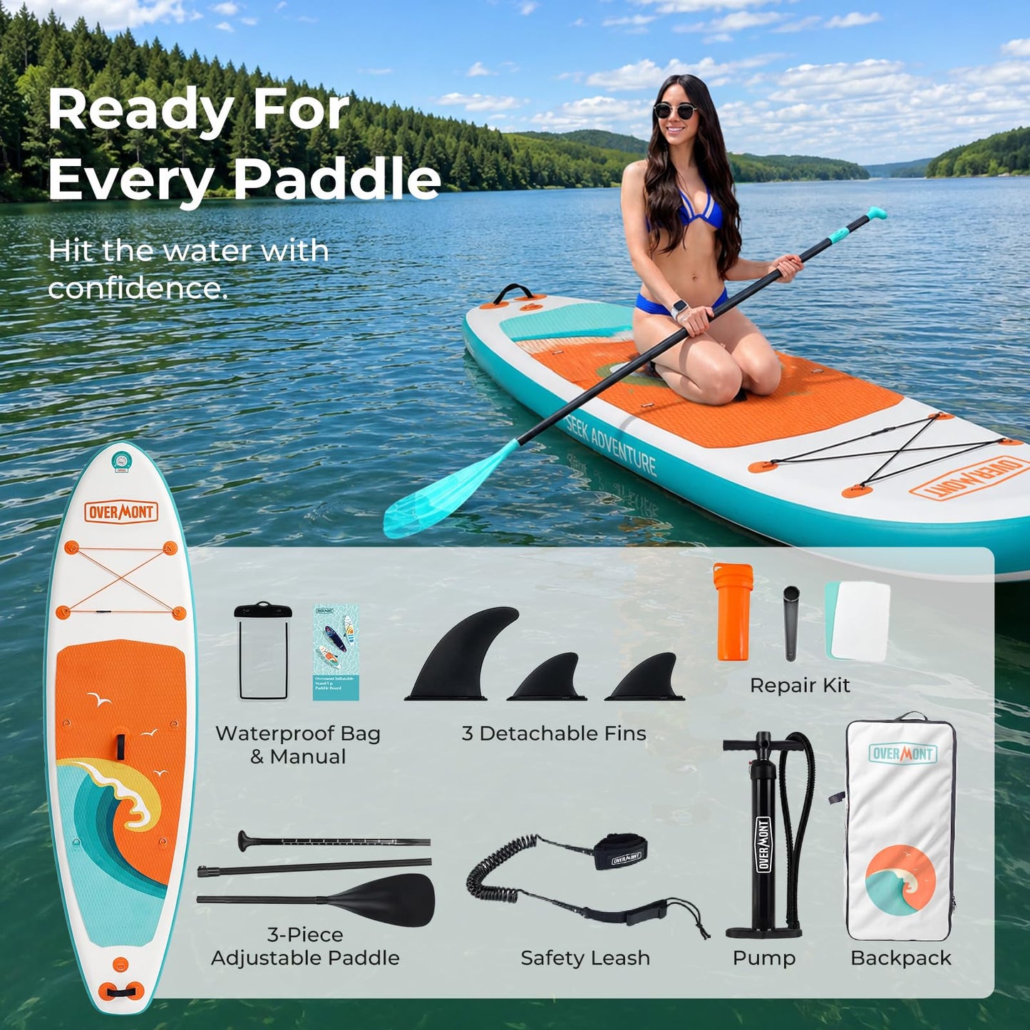 Overmont Inflatable Paddle Board 10'7" x 33" x 6", Extra Wide SUP for Adults & Beginners, 350 lb Stand Up Paddle Board with Adjustable Paddle, Pump, 3 Fins, Leash, Backpack & Repair Kit 🍁 All In One Marketplace Canada