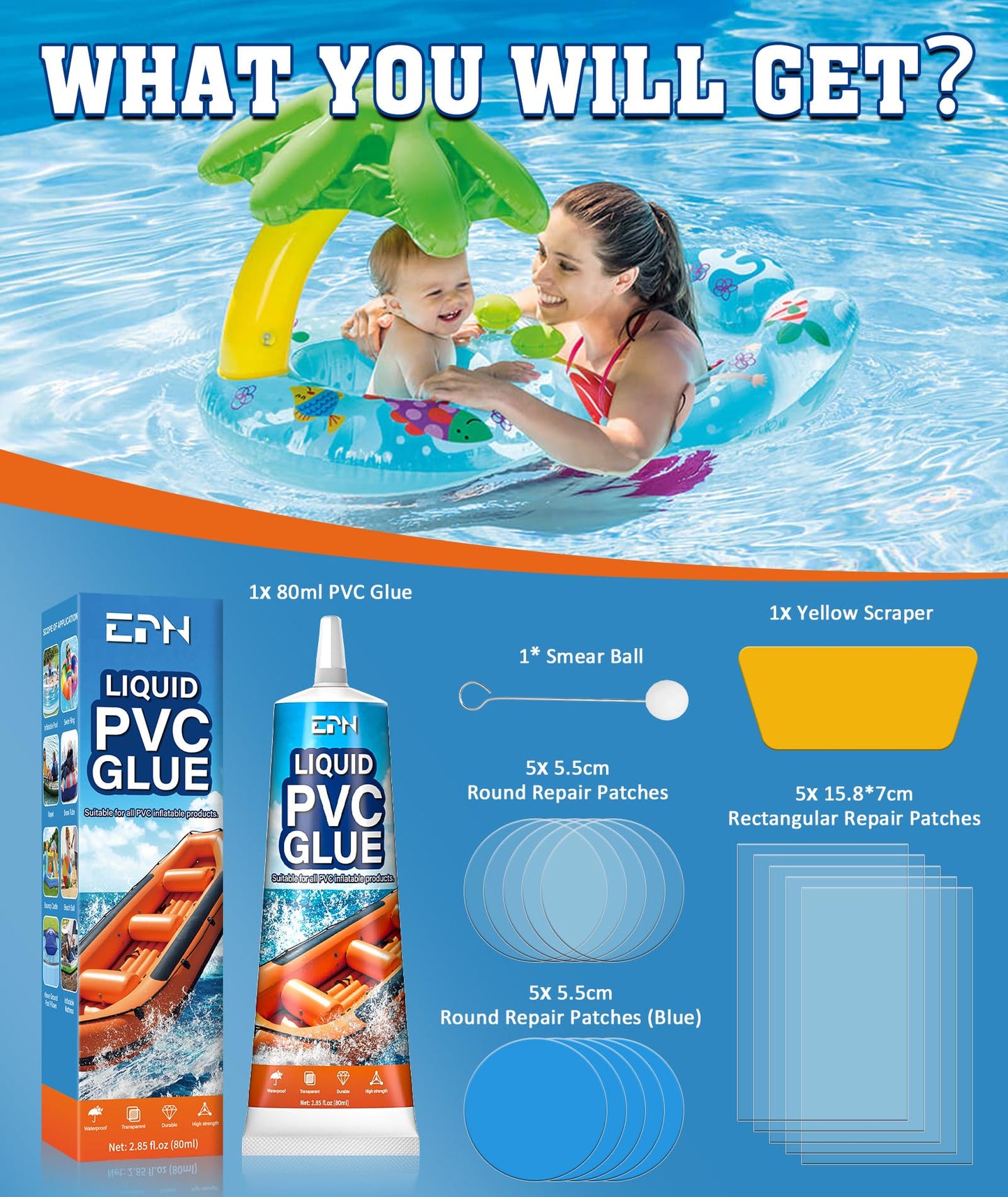 EPN Air Mattress Patch Kit, Waterproof Vinyl Pool Liner Repair Kit for Inflatables, Air Mattress, Swimming Ring, Tent, Bounce House, Inflatable Toys, Hot Tub, PVC Boat, Raft, Kayak (80ml*1) 🍁 All In One Marketplace Canada