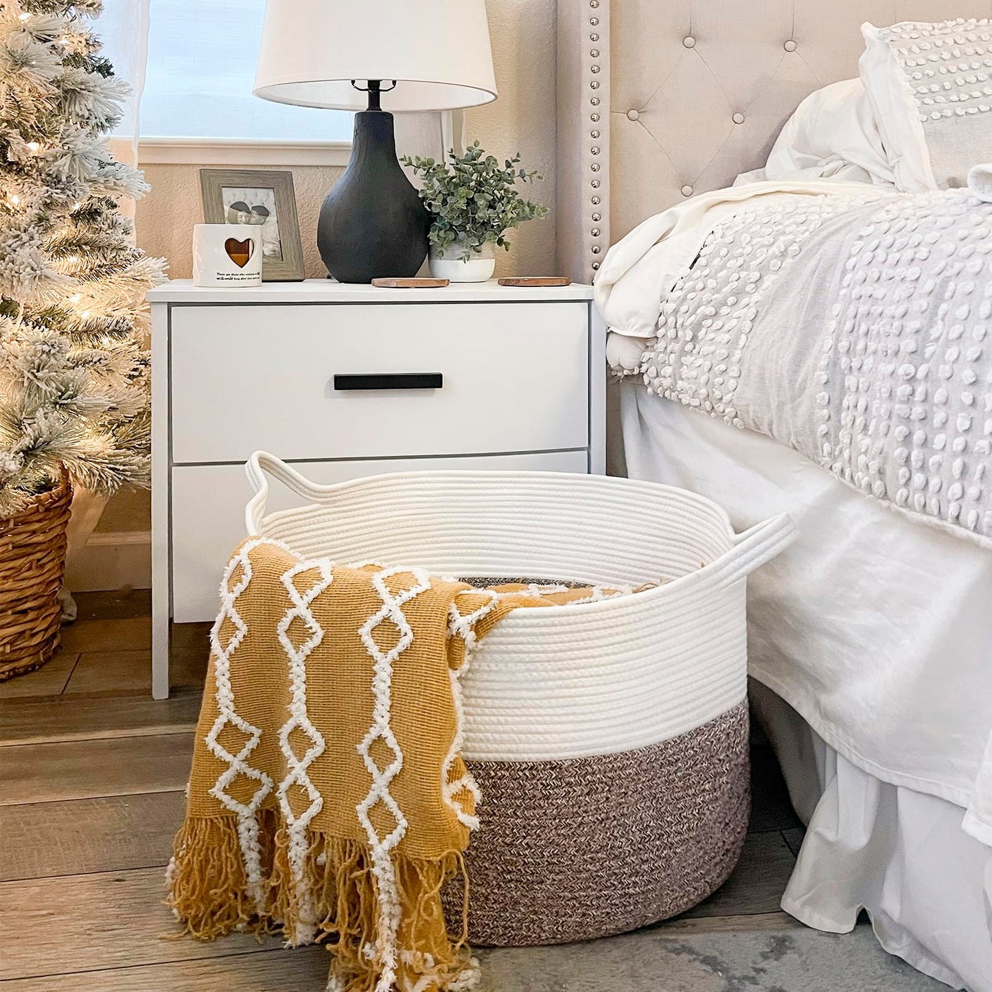INDRESSME XXXLarge Cotton Rope Basket 21.7" x 21.7" x 13.8" Woven Laundry Basket for Blankets, Storage Basket with Handle Comforter Cushions Storage Bins Thread Laundry Hamper 🍁 All In One Marketplace Canada