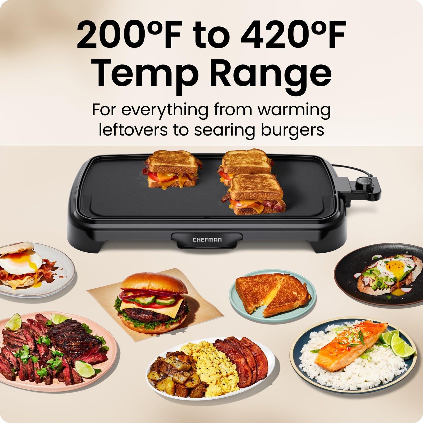 Chefman XL Electric Griddle with Removable Temperature Control, Immersible Flat Top Grill, Burger, Eggs, Pancake Griddle, Nonstick Extra Large Cooking Surface, Slide Out Drip Tray, 25 x 51 CM 🍁 All In One Marketplace Canada