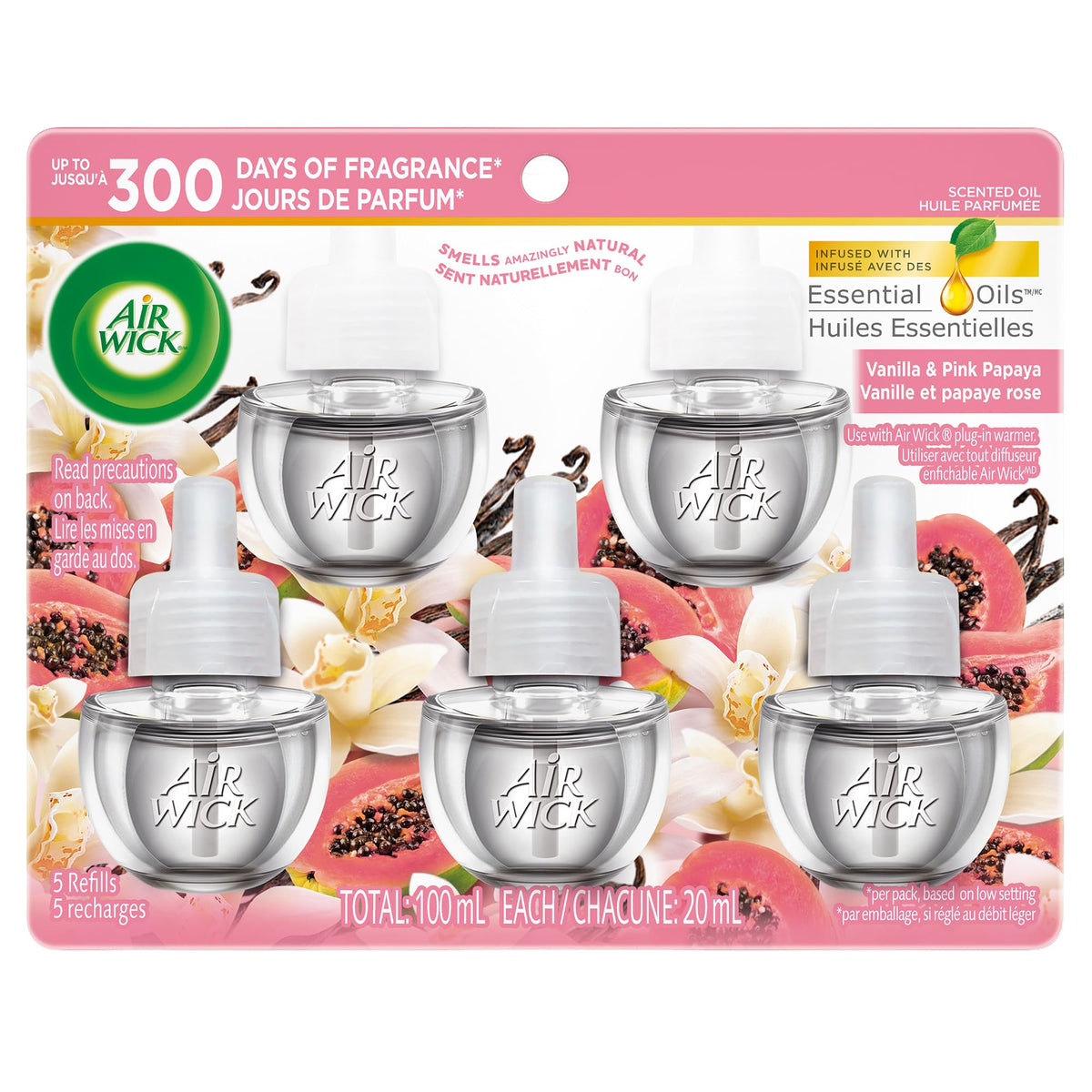 Air Wick Plug In Scented Oil Air Freshener Refills for Home – Infused with Essential Oils – 5 Count – Vanilla & Pink Papaya Scent 🍁 All In One Marketplace Canada