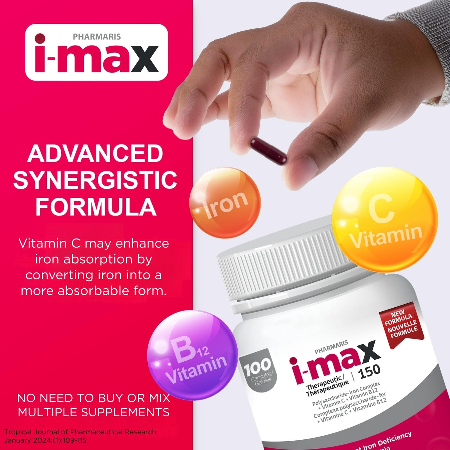 Pharmaris i-max Polysaccharide Iron Complex, 150 mg Elemental Iron Supplement for Treatment and Prevention of Iron Deficiency Anemia, 250 mg Vitamin C, 1000 mcg Vitamin B12, No Artificial Dyes, Vegan, 100 Capsules 🍁 All In One Marketplace Canada