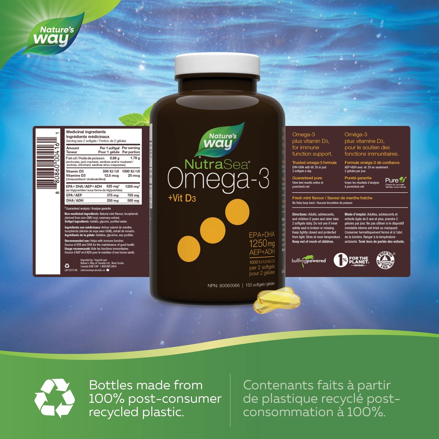 Nature's Way NutraSea +D Omega 3 + Vitamin D Softgels Supplement with Fish Oil – Fresh Mint Flavour – Heart, Brain, Bone & Immune Support for Adults and Kids 6+ – EPA & DHA + 1000IU D3, 150 Softgels 🍁 All In One Marketplace Canada