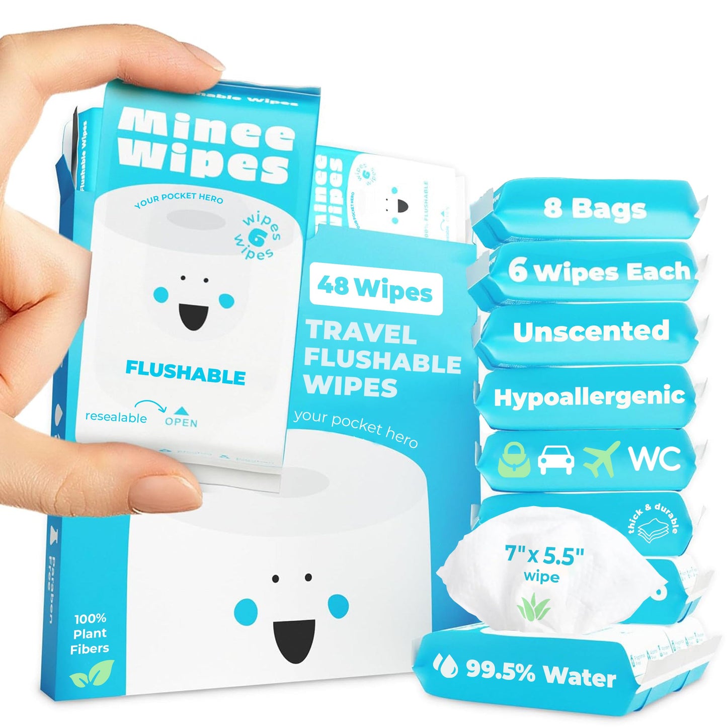 Impossibly Compact Travel Flushable Wipes - 99.5% Water and Aloe - Safe for Sensitive Skin, Hypoallergenic & Unscented - Travel Essentials for Adults, Kids & Baby Care (48 Wipes (8 Packs)) 🍁 All In One Marketplace Canada